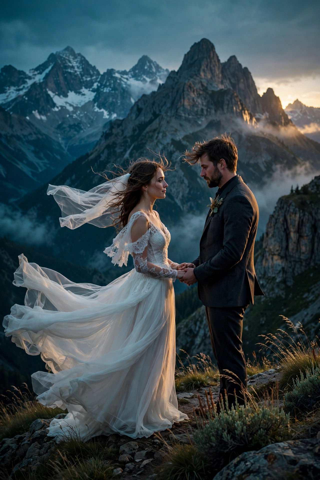 Couple exchanging vows at a mountain elopement ceremony with dramatic peaks at dusk