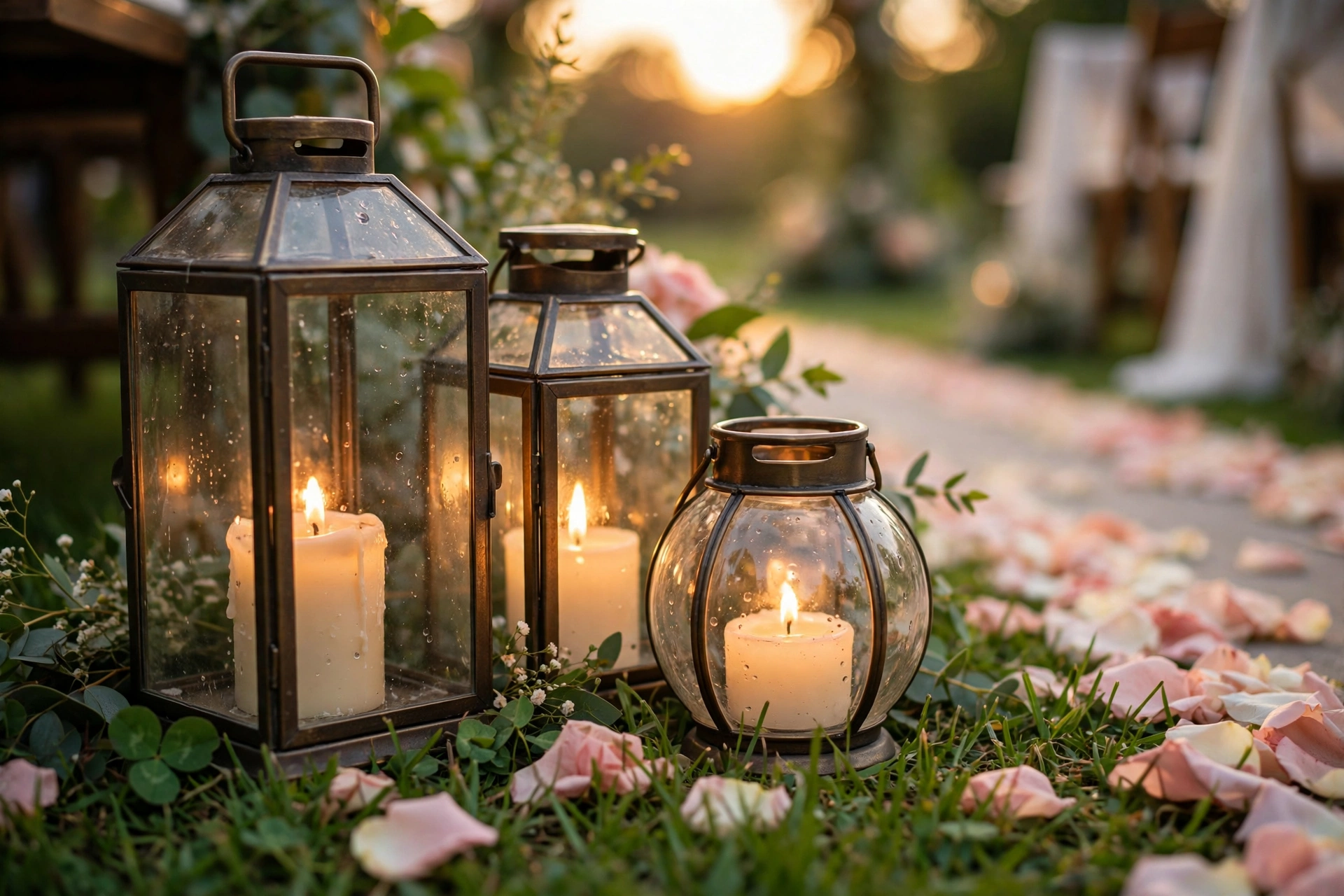 Glass lantern cluster with glowing candles beside a garden wedding aisle