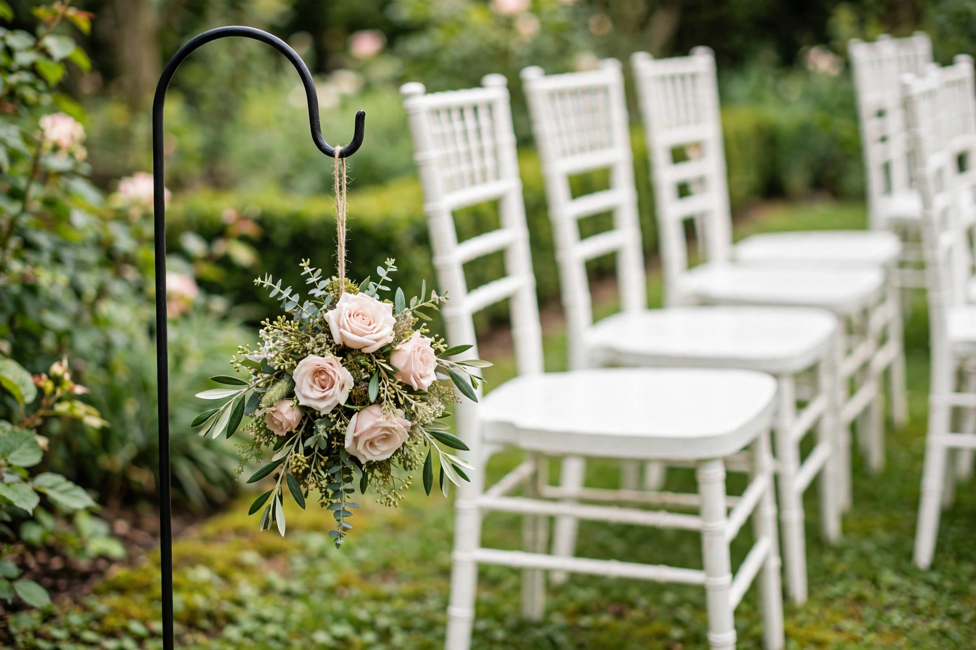 Mason jar with tea light hanging from a shepherd's hook along the wedding aisle