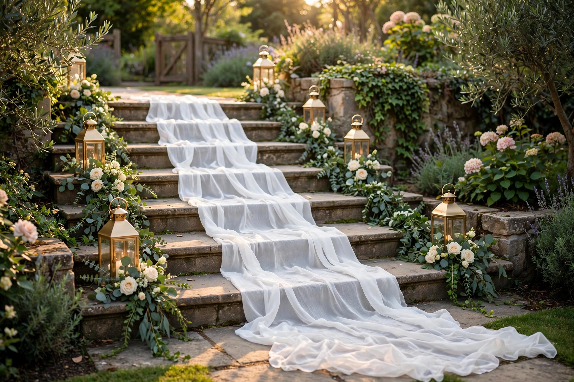 Elegant white chiffon aisle runner with eucalyptus garlands and gold lanterns