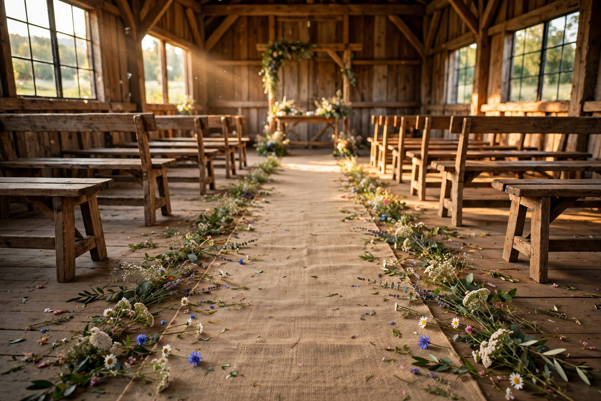 Rustic burlap aisle runner with wildflowers and wooden benches in a barn ceremony