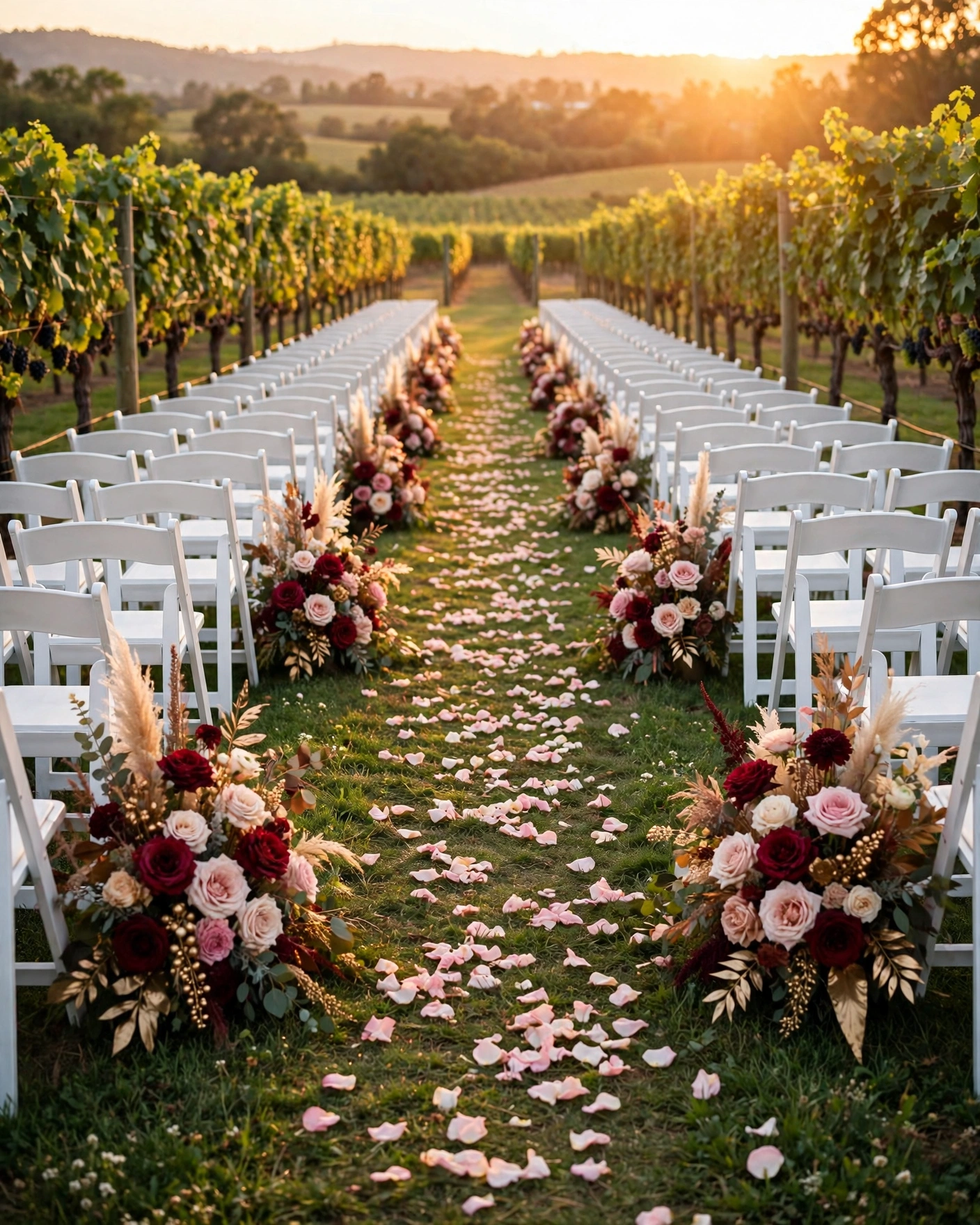 Vineyard wedding ceremony aisle at golden hour with burgundy and blush floral arrangements and a petal-strewn path