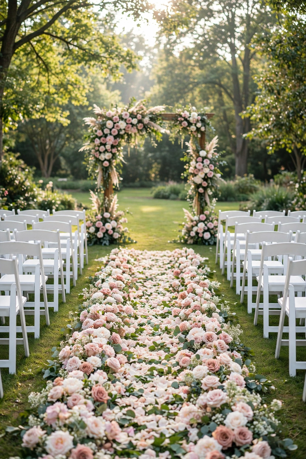 Sunlit garden wedding ceremony aisle with blush rose floral runner leading to a floral arch