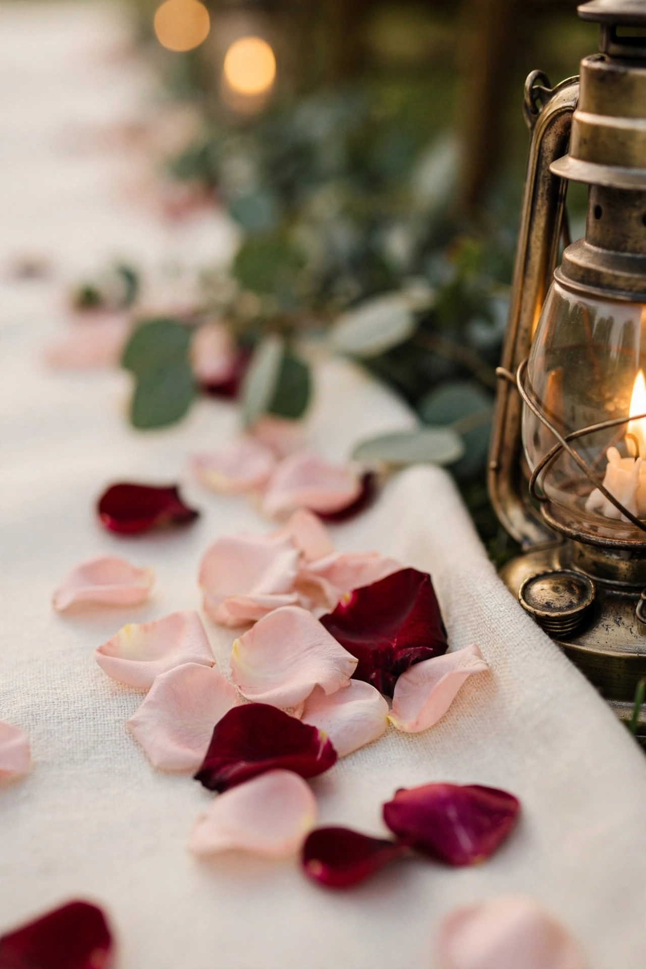 Antique brass lantern glowing beside blush and burgundy rose petals scattered on a wedding aisle runner