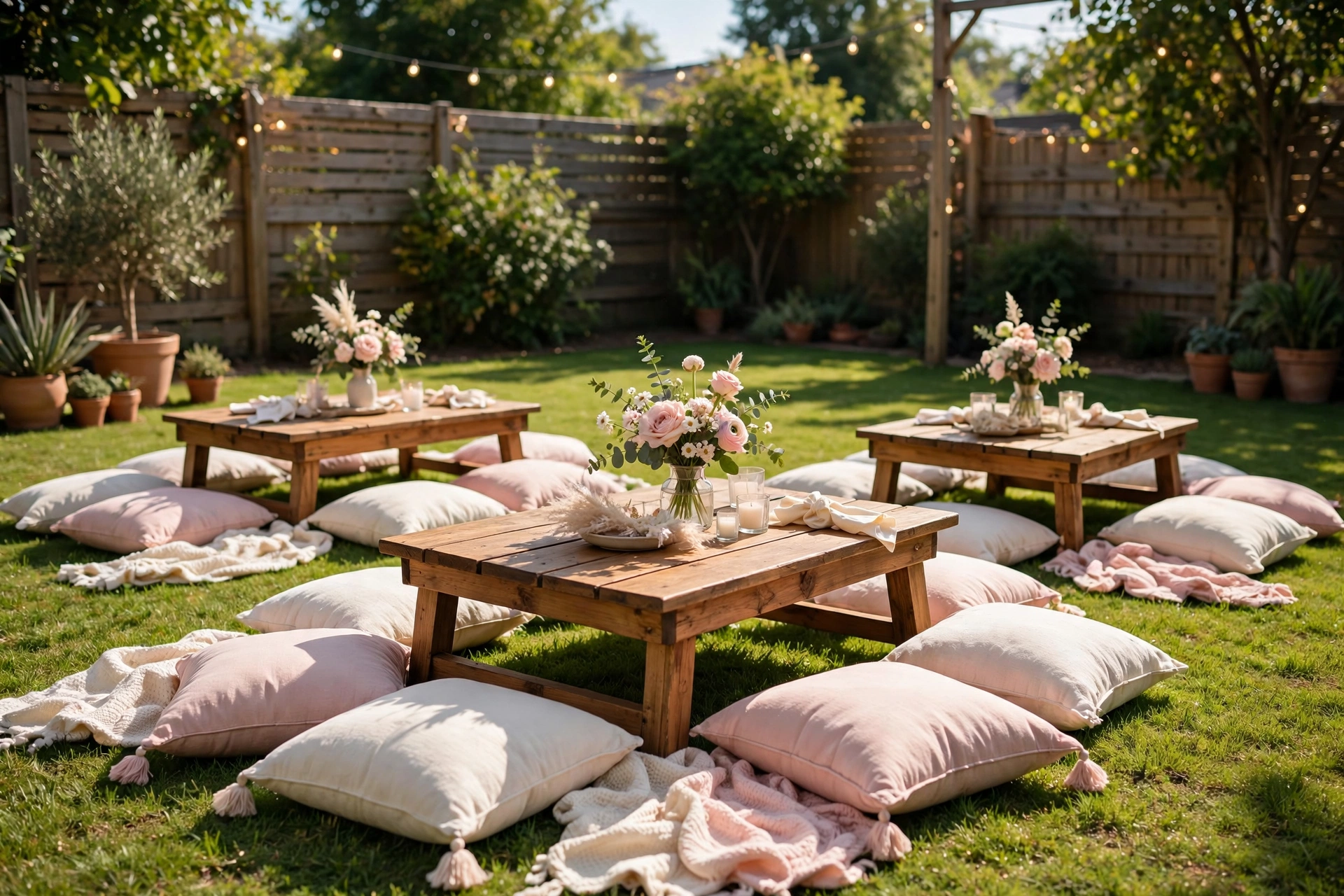 Cozy picnic-style seating with low tables and cushions at a backyard anniversary party
