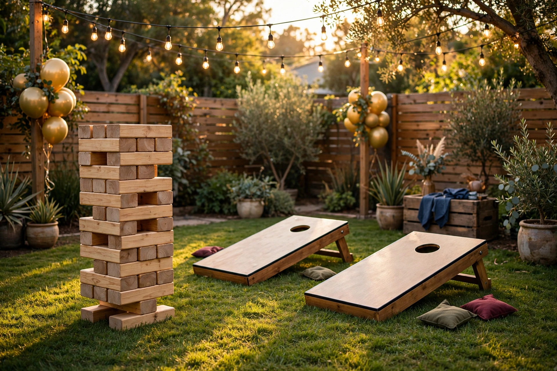 Lawn games corner with giant jenga at a backyard anniversary party
