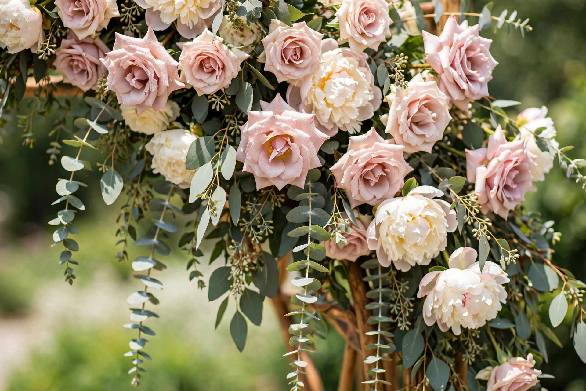 Lush wedding ceremony arch overflowing with blush roses, peonies and eucalyptus