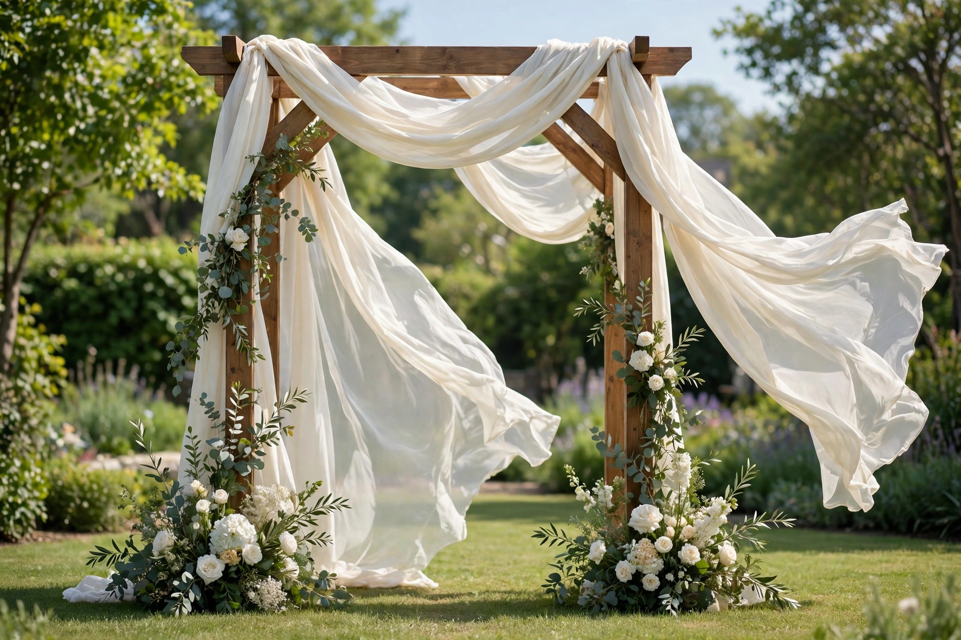 Wedding ceremony arch with flowing ivory chiffon fabric draped elegantly in the breeze