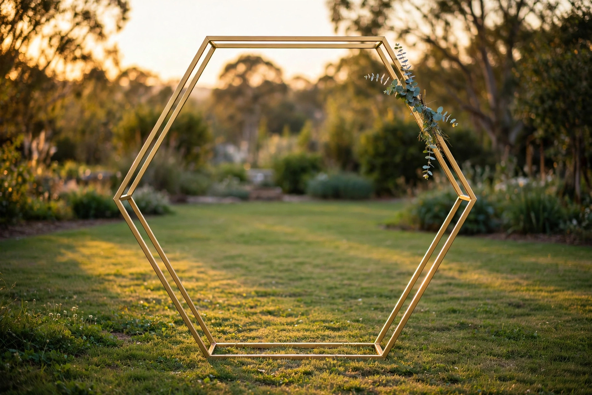 Modern hexagonal geometric wedding arch frame with minimal greenery accents