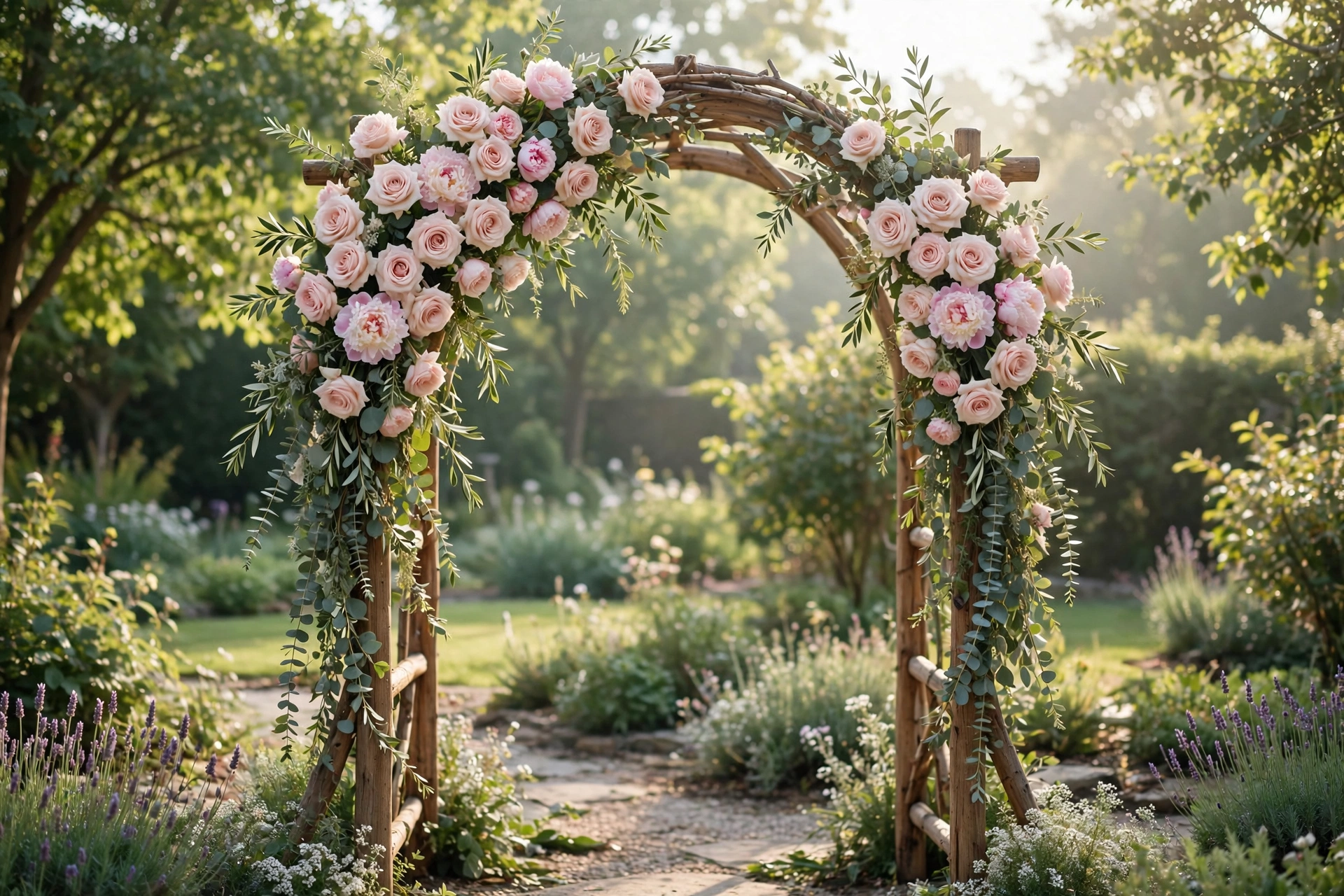 Beautiful wedding ceremony arch covered in blush roses and greenery in a sunlit garden