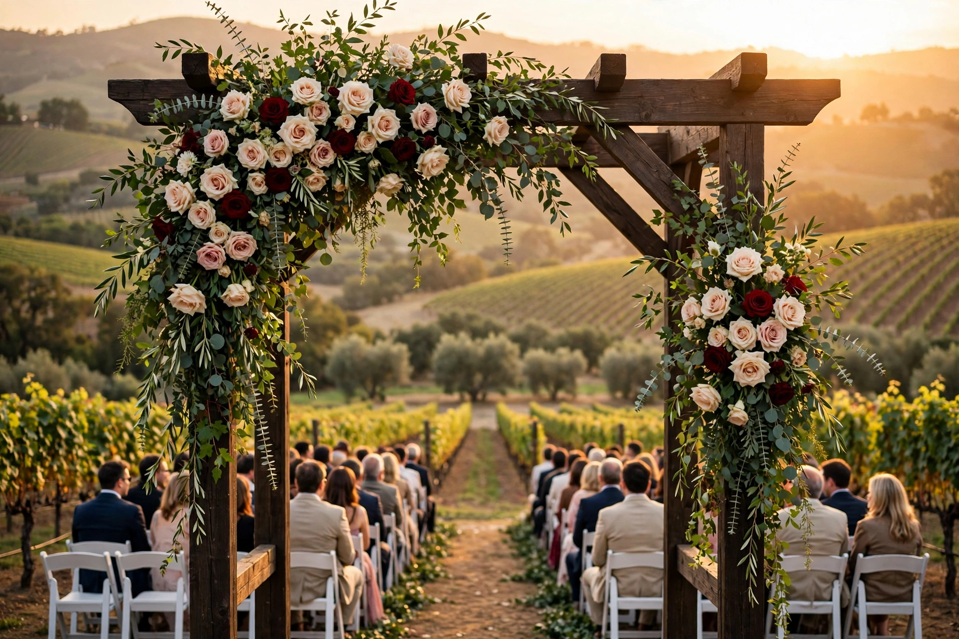 Floral wedding arch at golden hour framing a vineyard ceremony aisle with guests seated