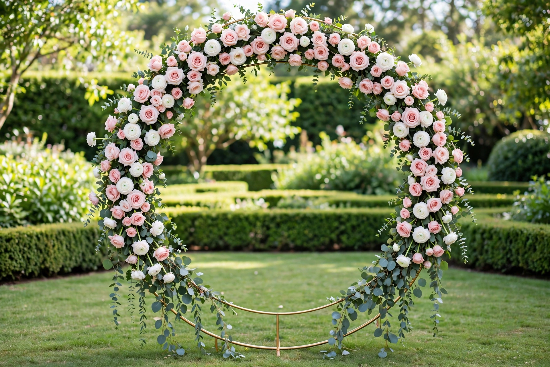 Circular floral moon gate wedding arch with blush roses and eucalyptus in a bright garden