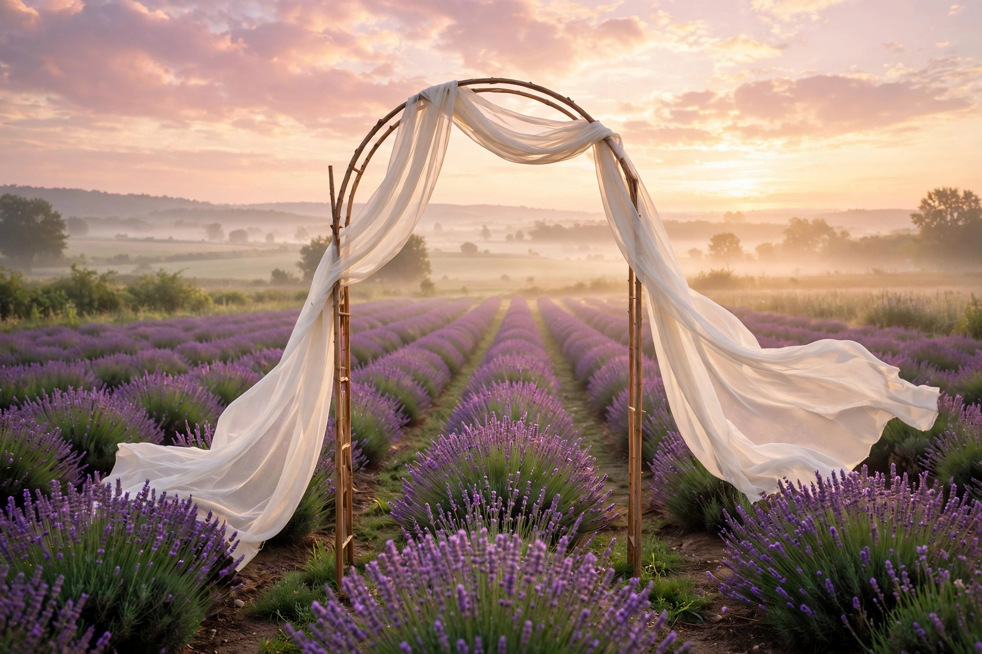 Lavender field wedding arch with flowing ivory chiffon drapes at soft sunrise