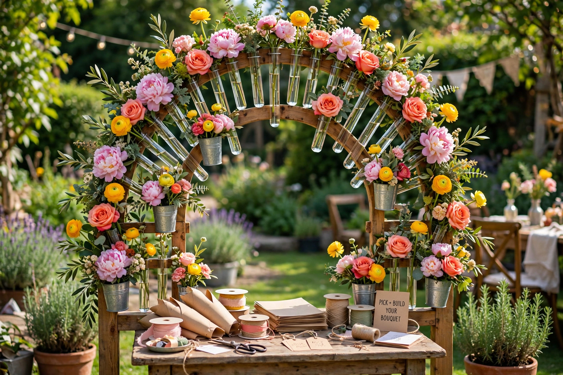 Interactive flower bar wedding arch where guests pick fresh blooms at the reception