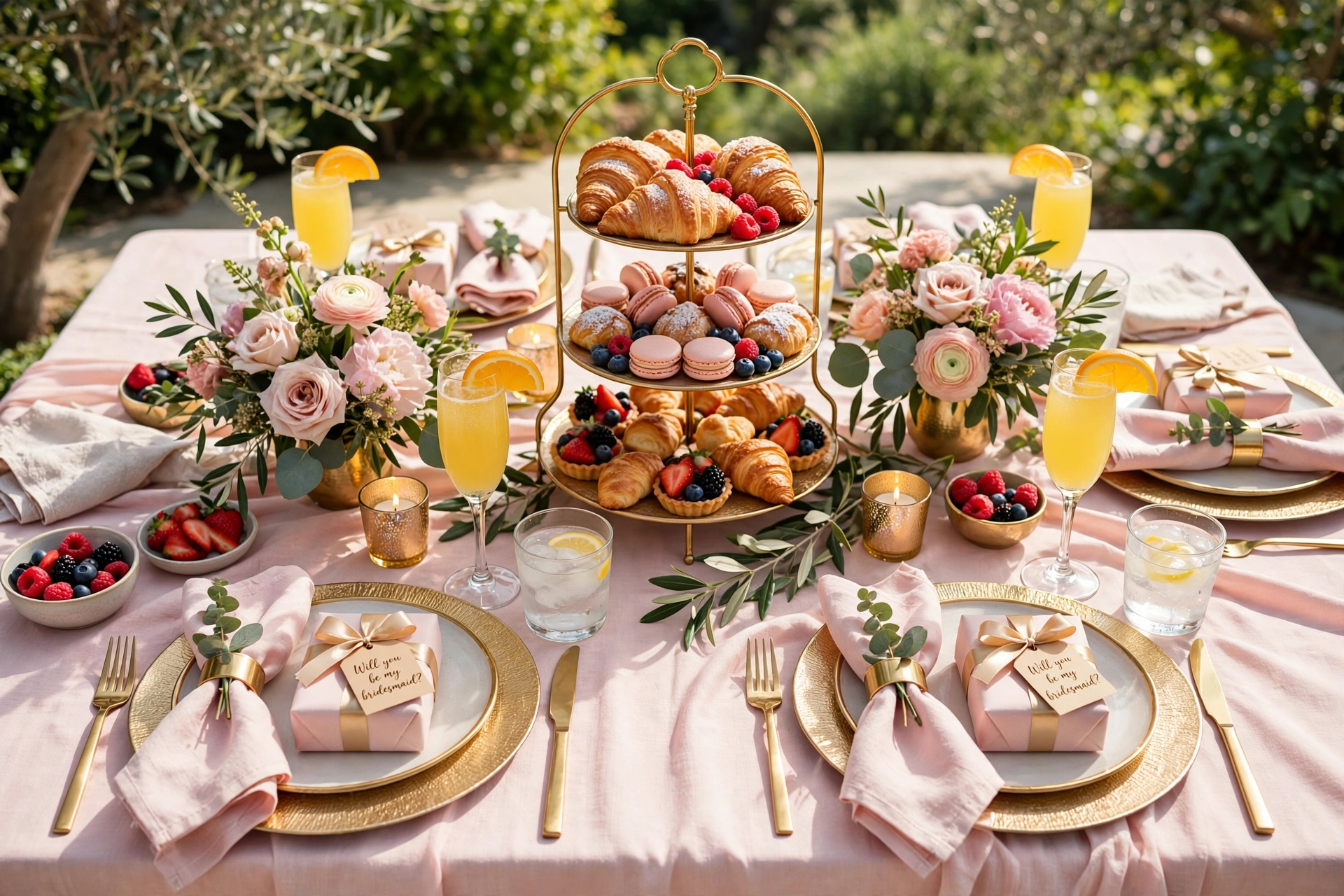 Sunny bridesmaid proposal brunch table with mimosas and wrapped proposal gifts