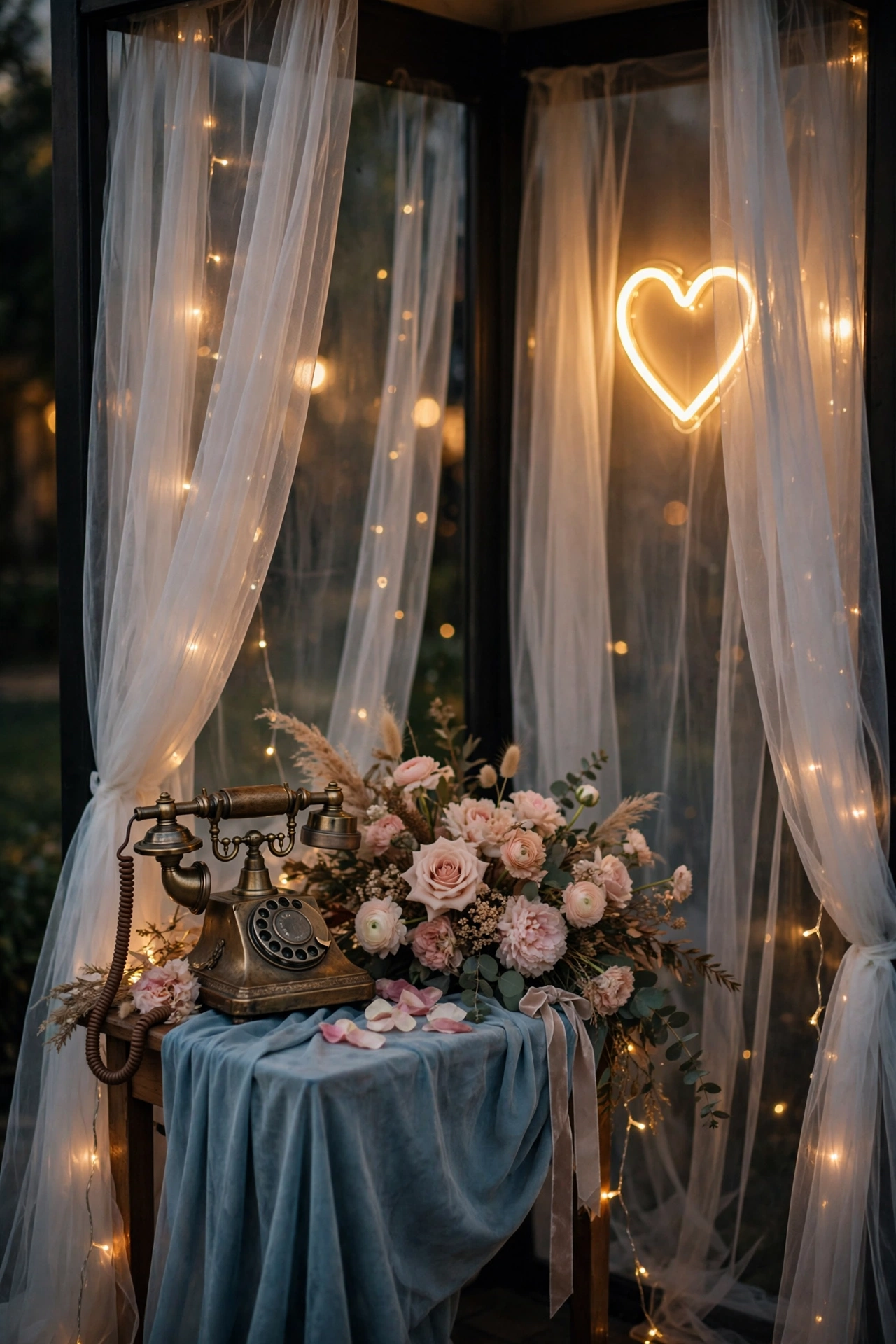Cozy wedding phone booth corner with vintage telephone, curtains and a neon message sign