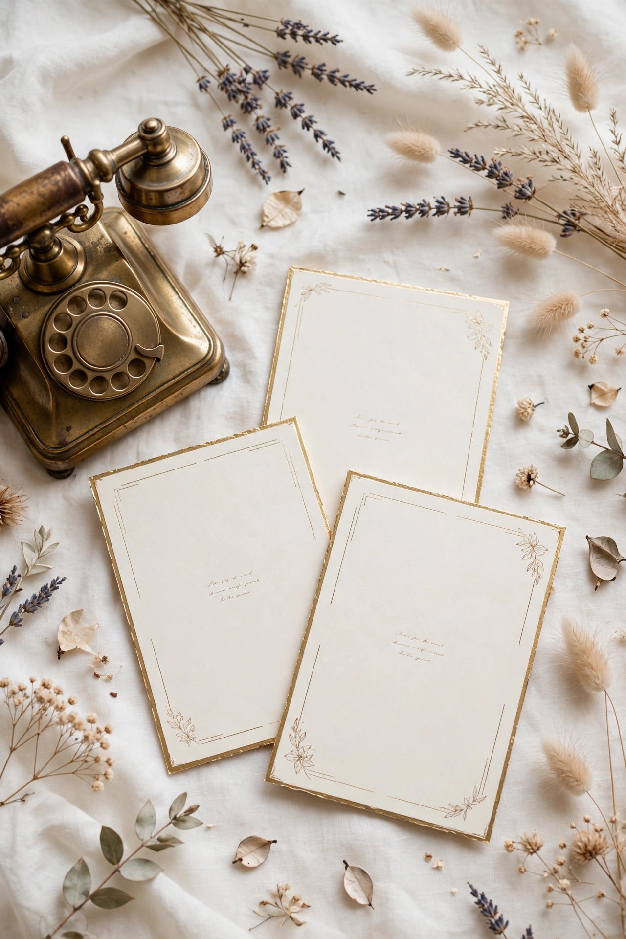 Elegant prompt cards beside a vintage phone at a wedding audio guest book table