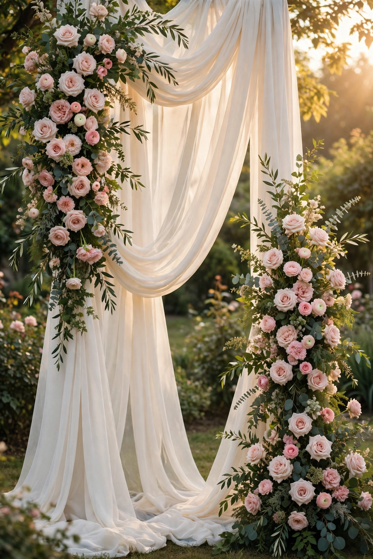 Elegant outdoor wedding ceremony backdrop with ivory drapes and floral pillars at golden hour