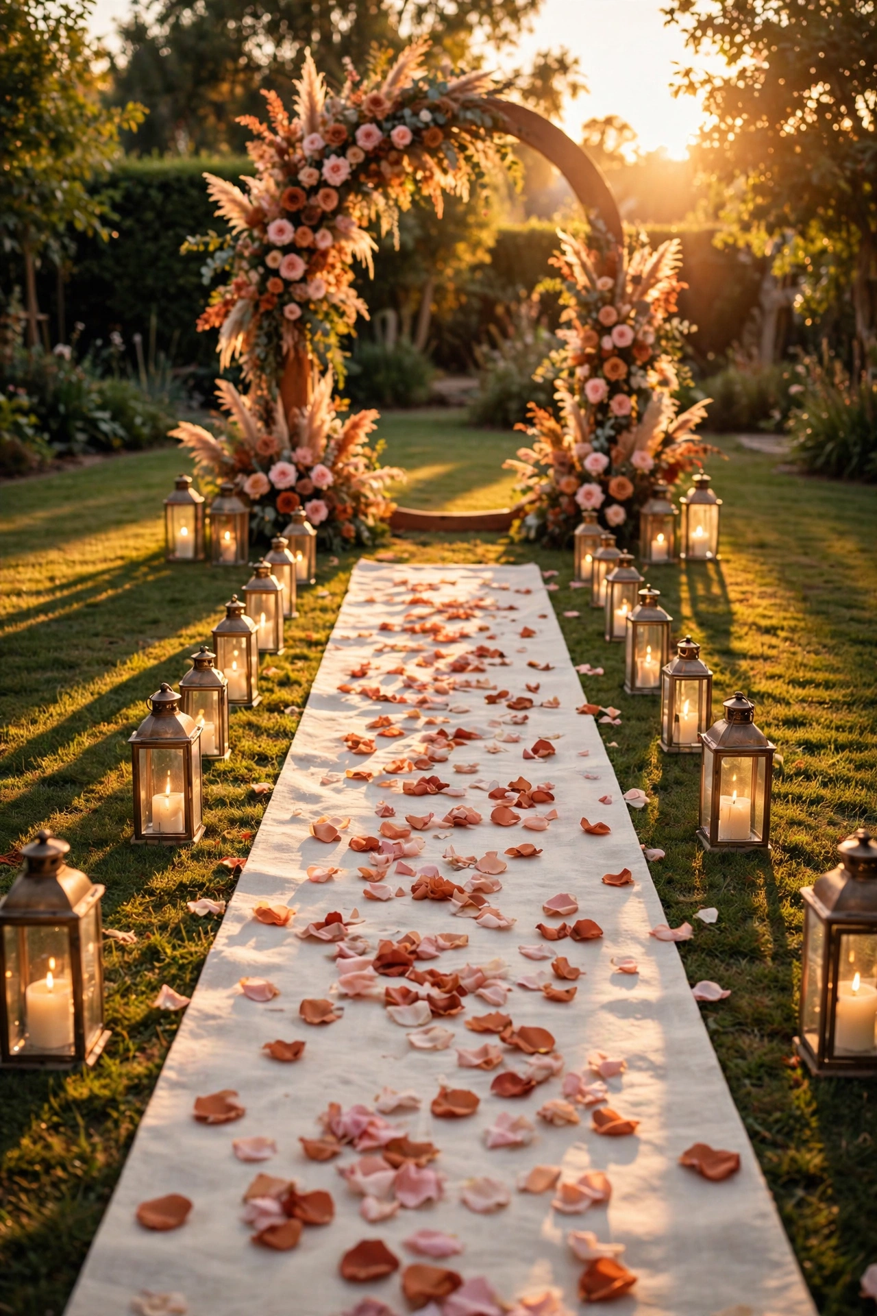 Golden-hour backyard wedding ceremony aisle with rose petals, glowing lanterns and a floral arch