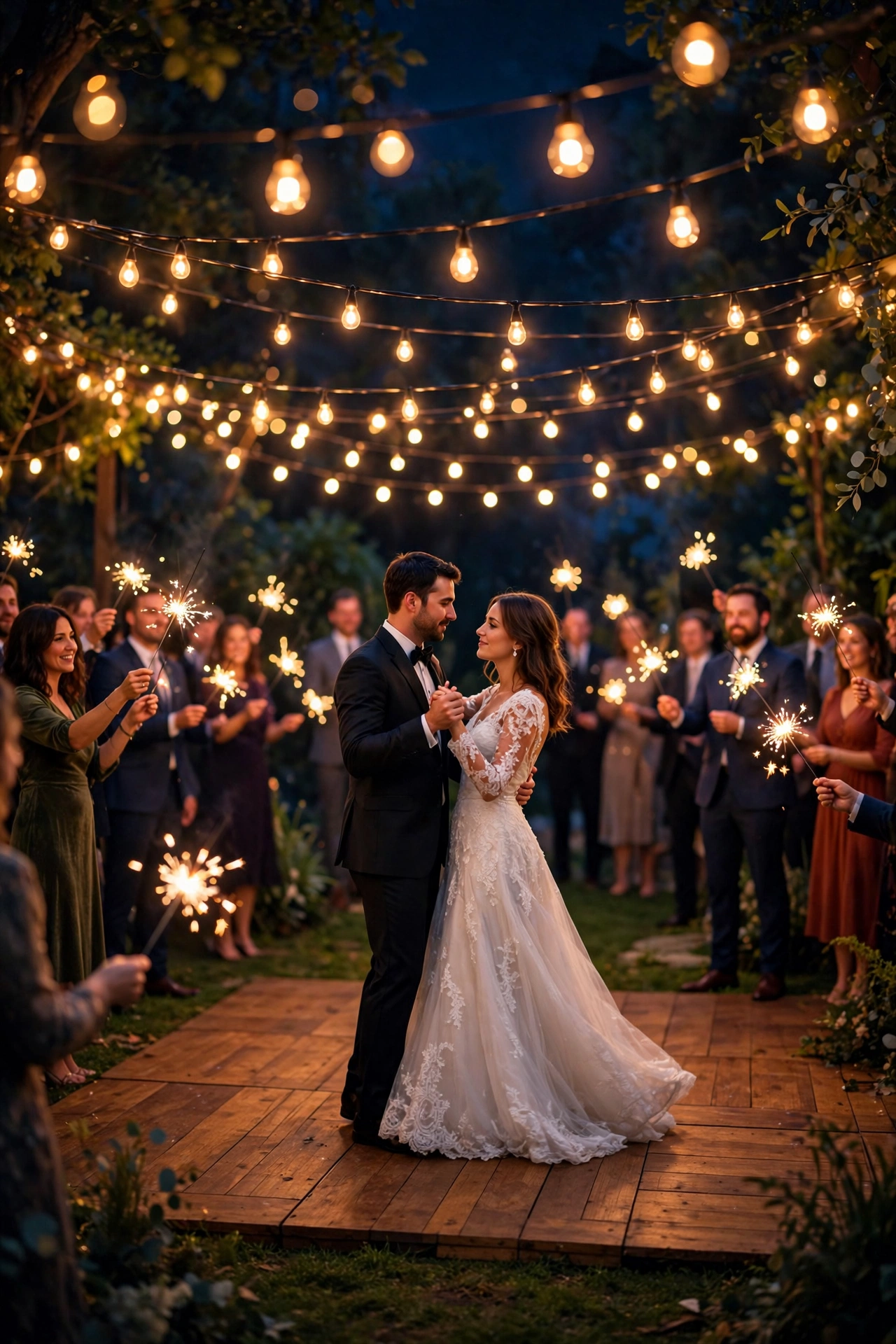 Couple dancing on an outdoor dance floor under string lights with guests holding sparklers