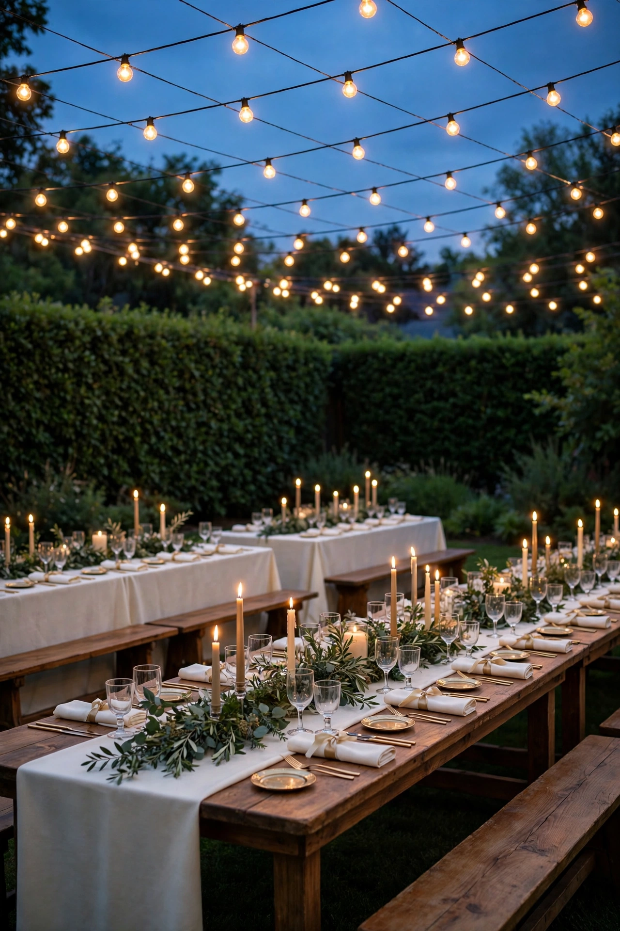 Backyard wedding reception tables under a glowing string-light canopy at dusk