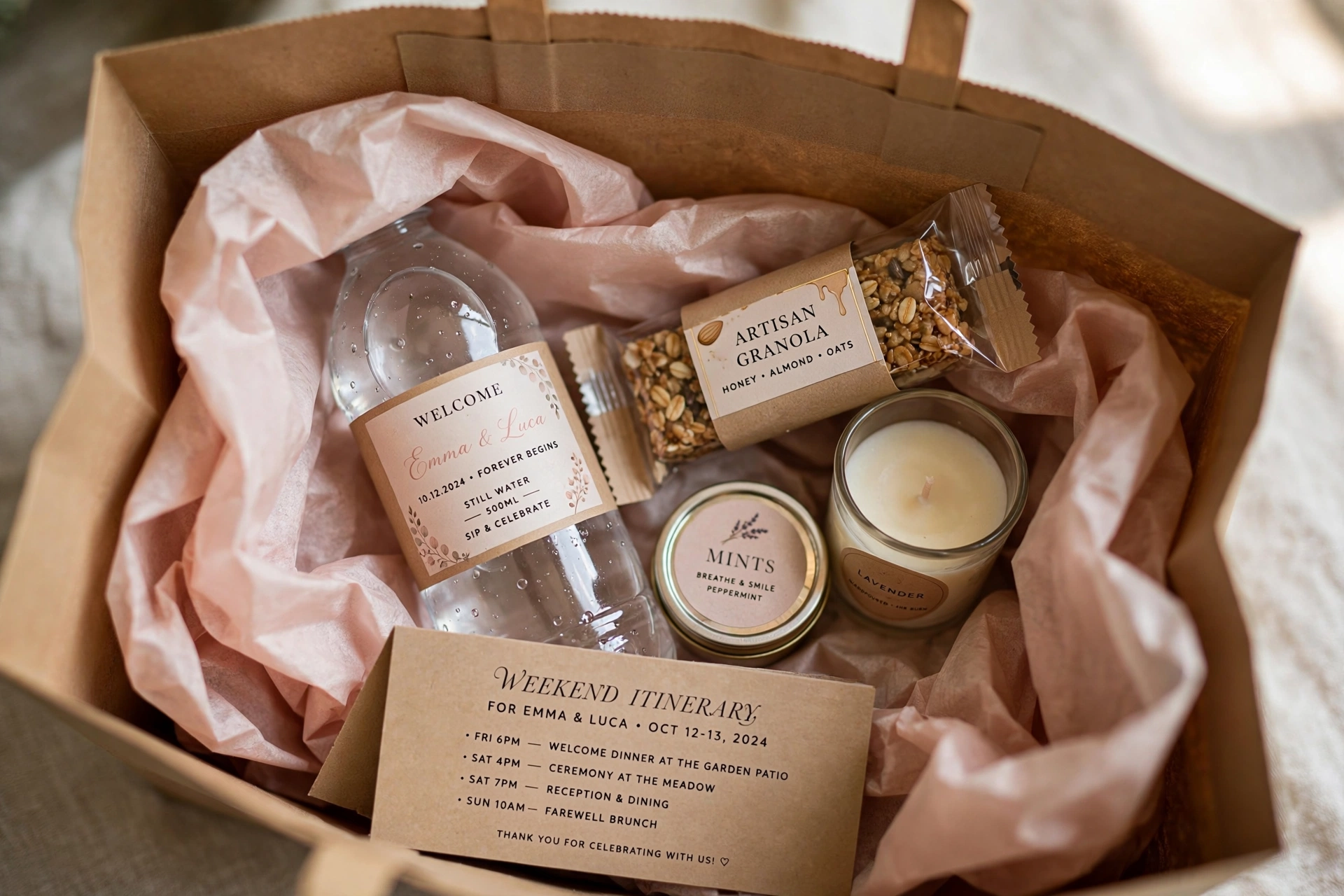 Open wedding welcome bag showing bottled water, granola bar, candle and itinerary card