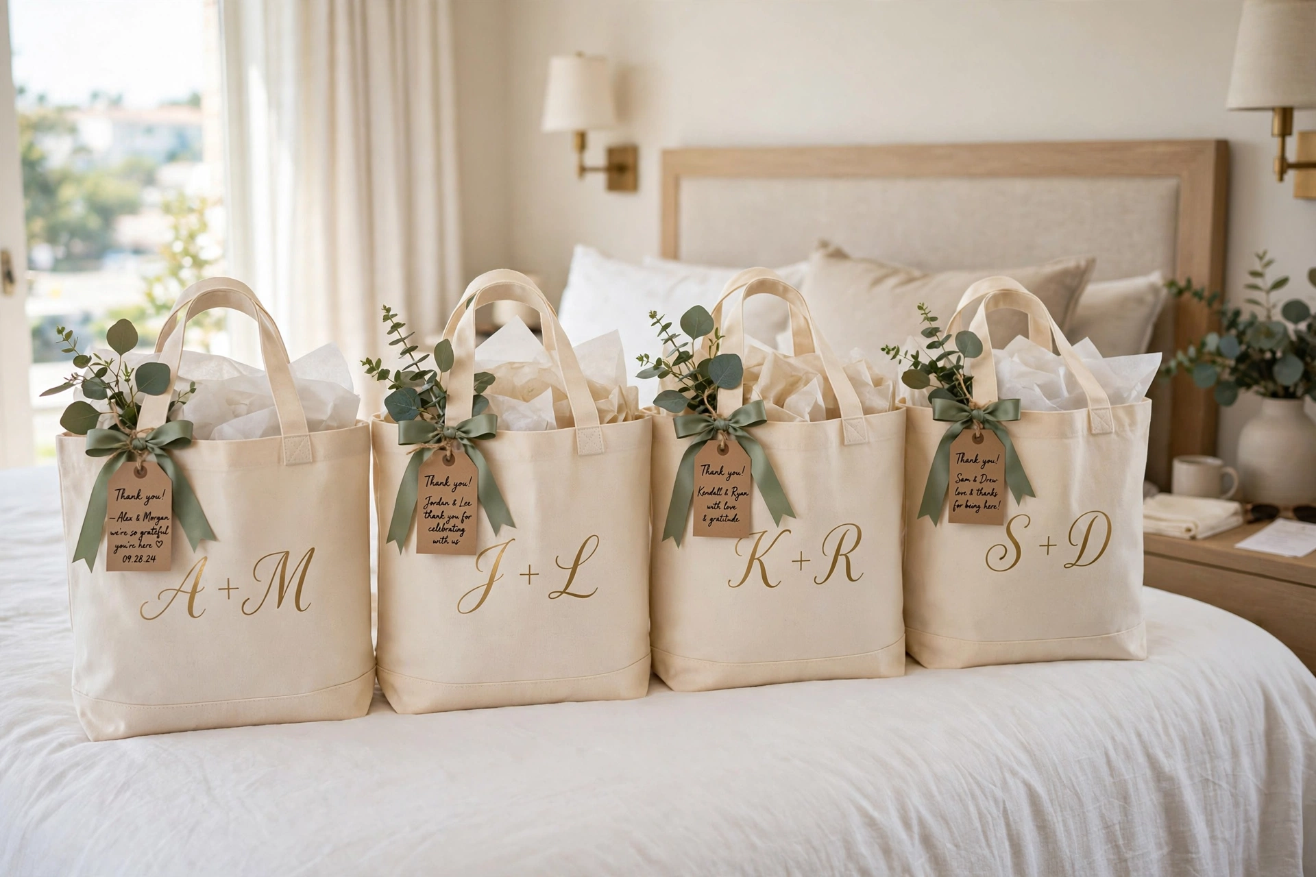 Personalized canvas tote welcome bags with gold monograms and sage ribbon on hotel bed