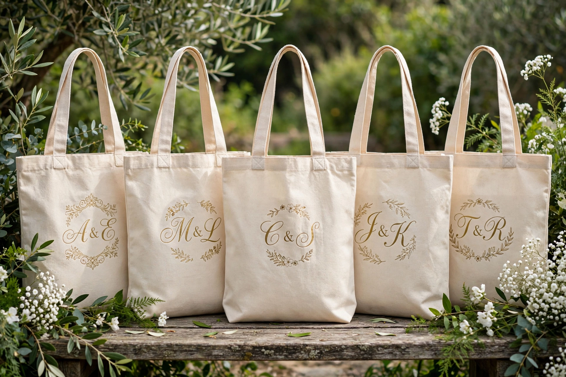 Row of custom monogram tote welcome bags on a bench with florals