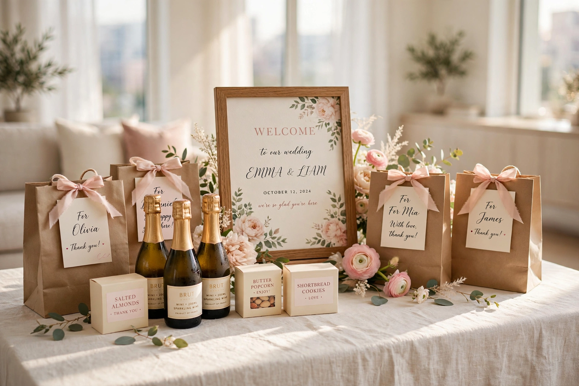 Elegant wedding welcome table with kraft gift bags, blush ribbon and mini champagne bottles