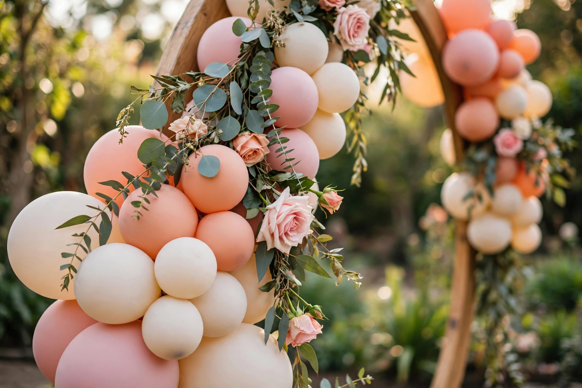 Close-up of organic balloon garland in pastel pink and cream with eucalyptus on a wedding arch