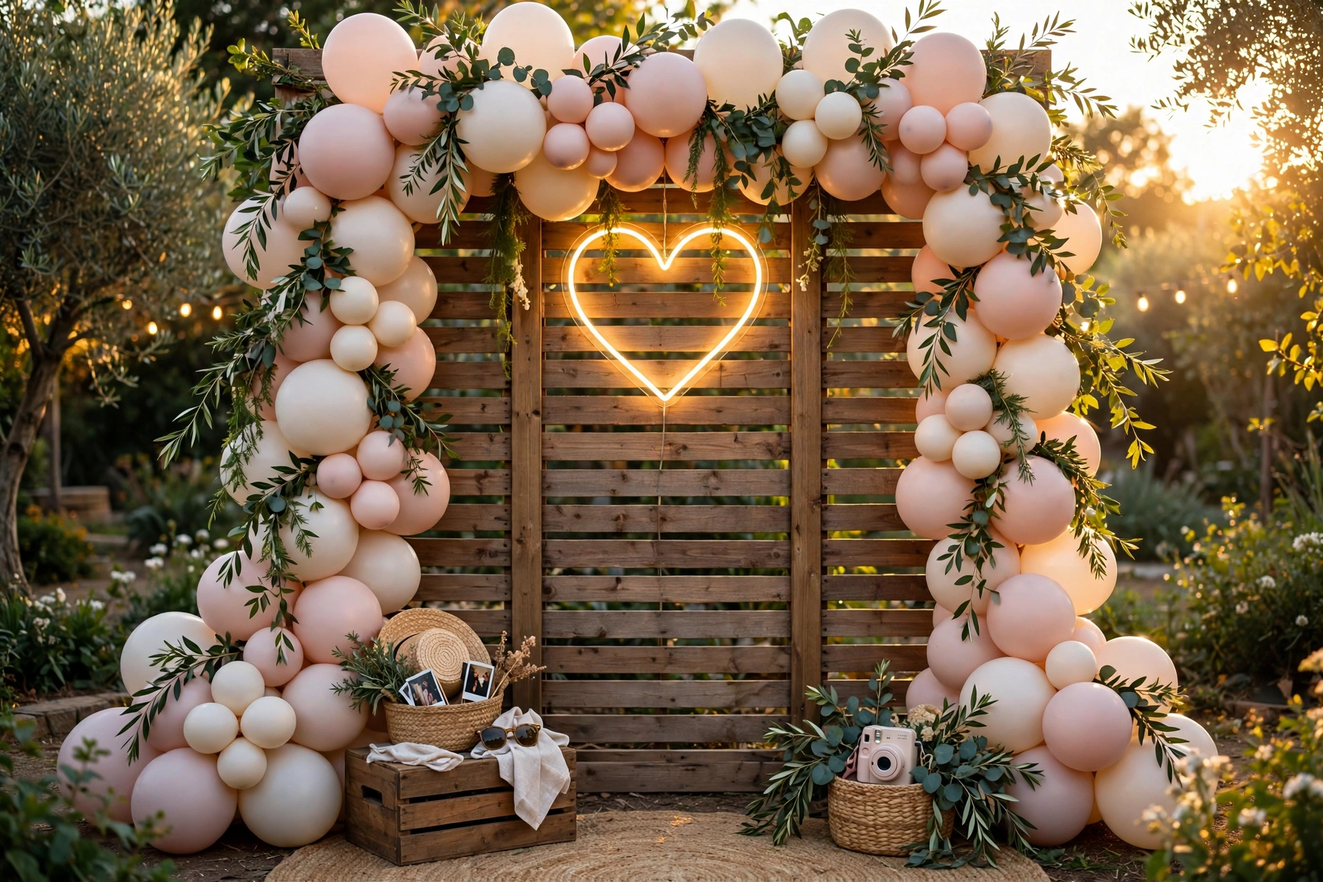 Blush and ivory balloon garland with fresh greenery framing an outdoor wedding photo booth backdrop at golden hour