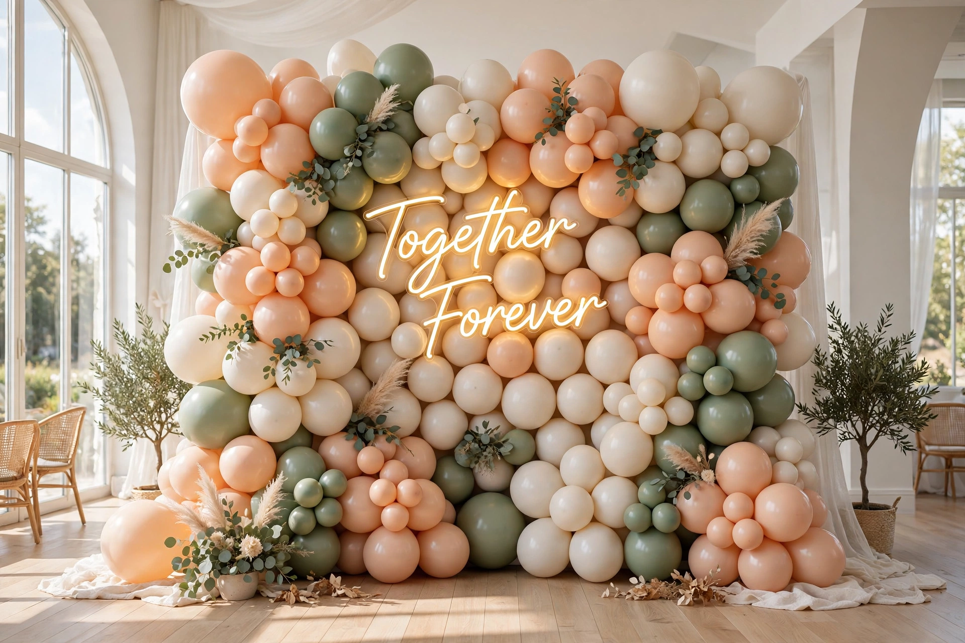 Balloon clusters in blush and gold marking a garden wedding ceremony aisle