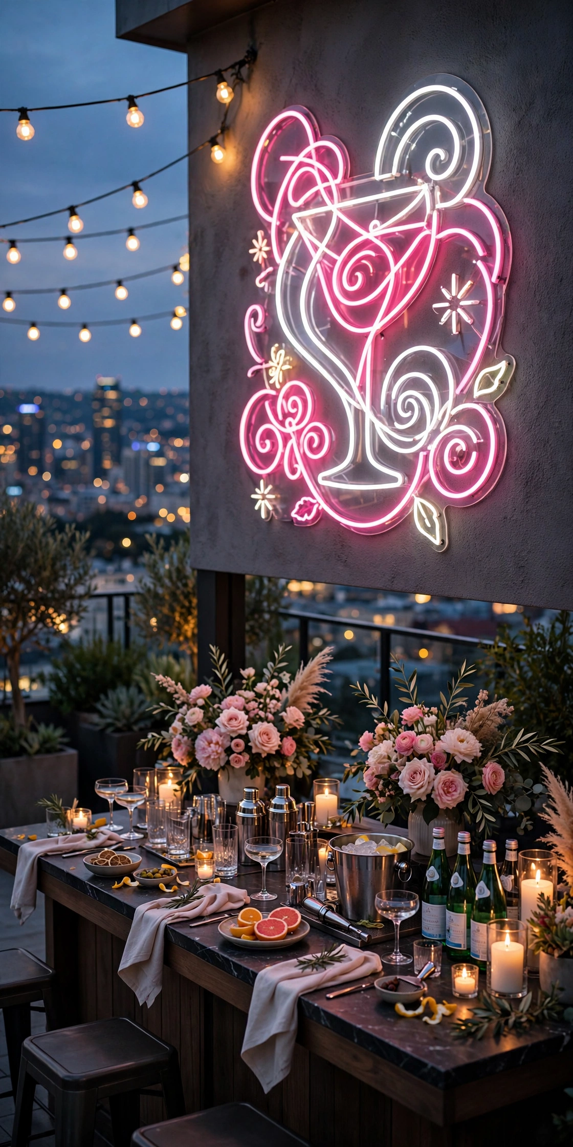 Glowing pink neon wedding bar menu sign at a rooftop bar at dusk