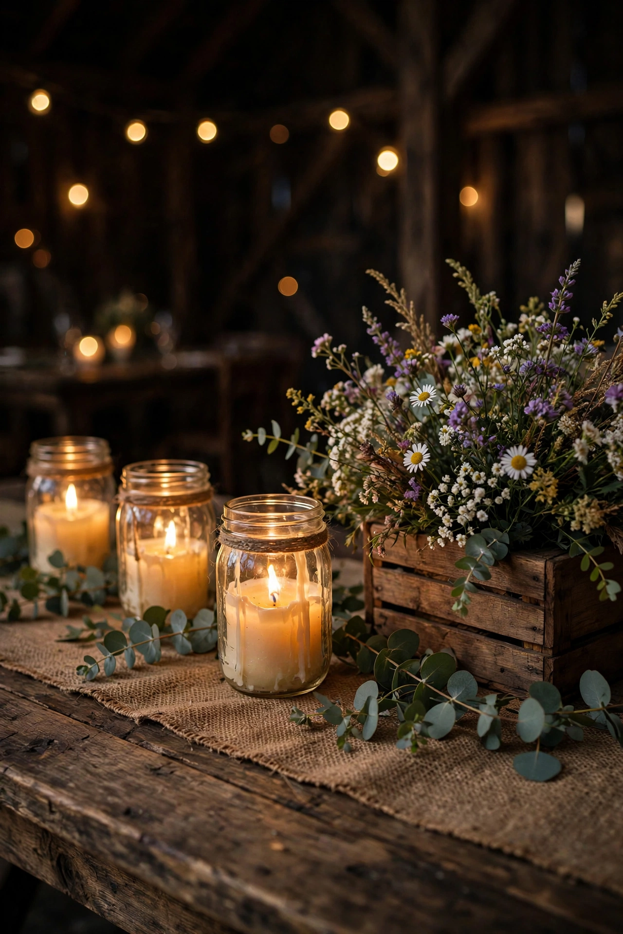 Rustic wedding tablescape with glowing mason jar candles, burlap runner and eucalyptus on a wooden table