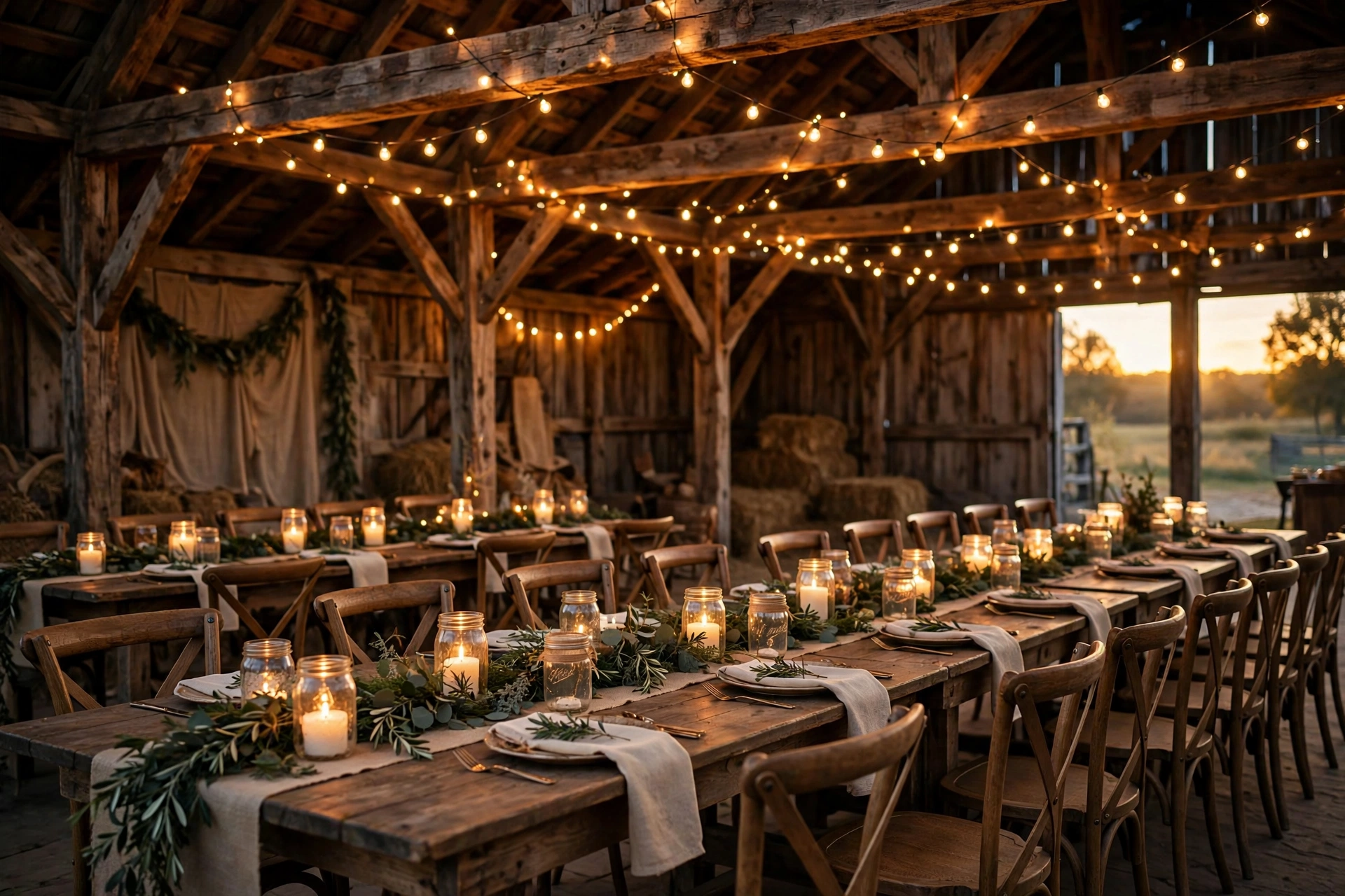 Rustic barn wedding reception interior with long wooden tables, string lights, greenery garlands and mason jar candles at dusk