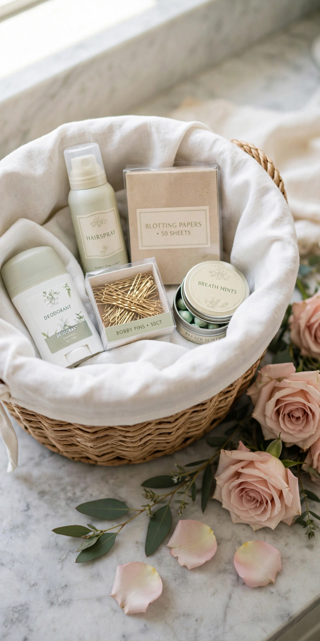 Woven wedding bathroom basket filled with mini toiletries and blush florals on a marble vanity