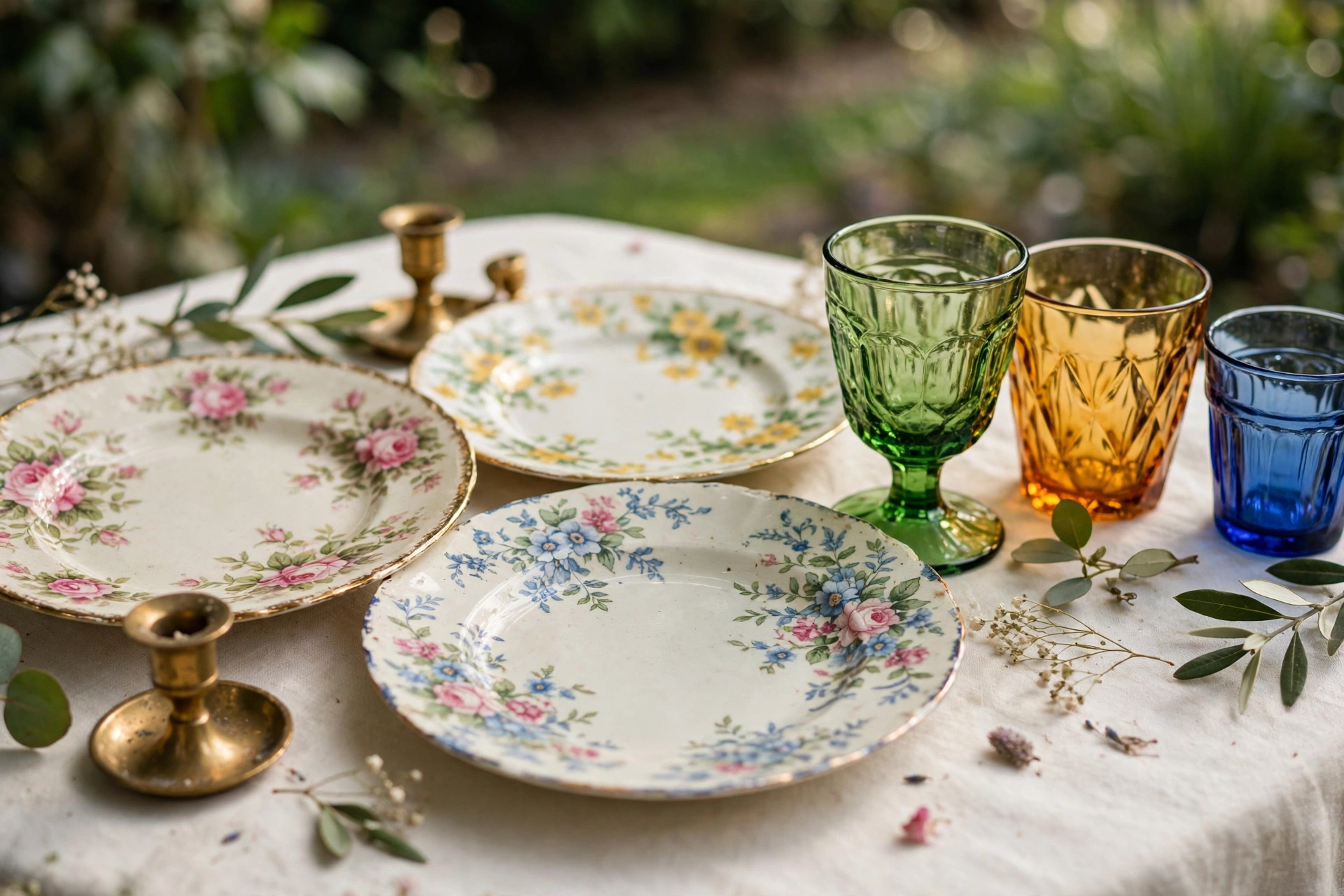 Eclectic thrifted vintage plates and glassware styled on a wedding reception table