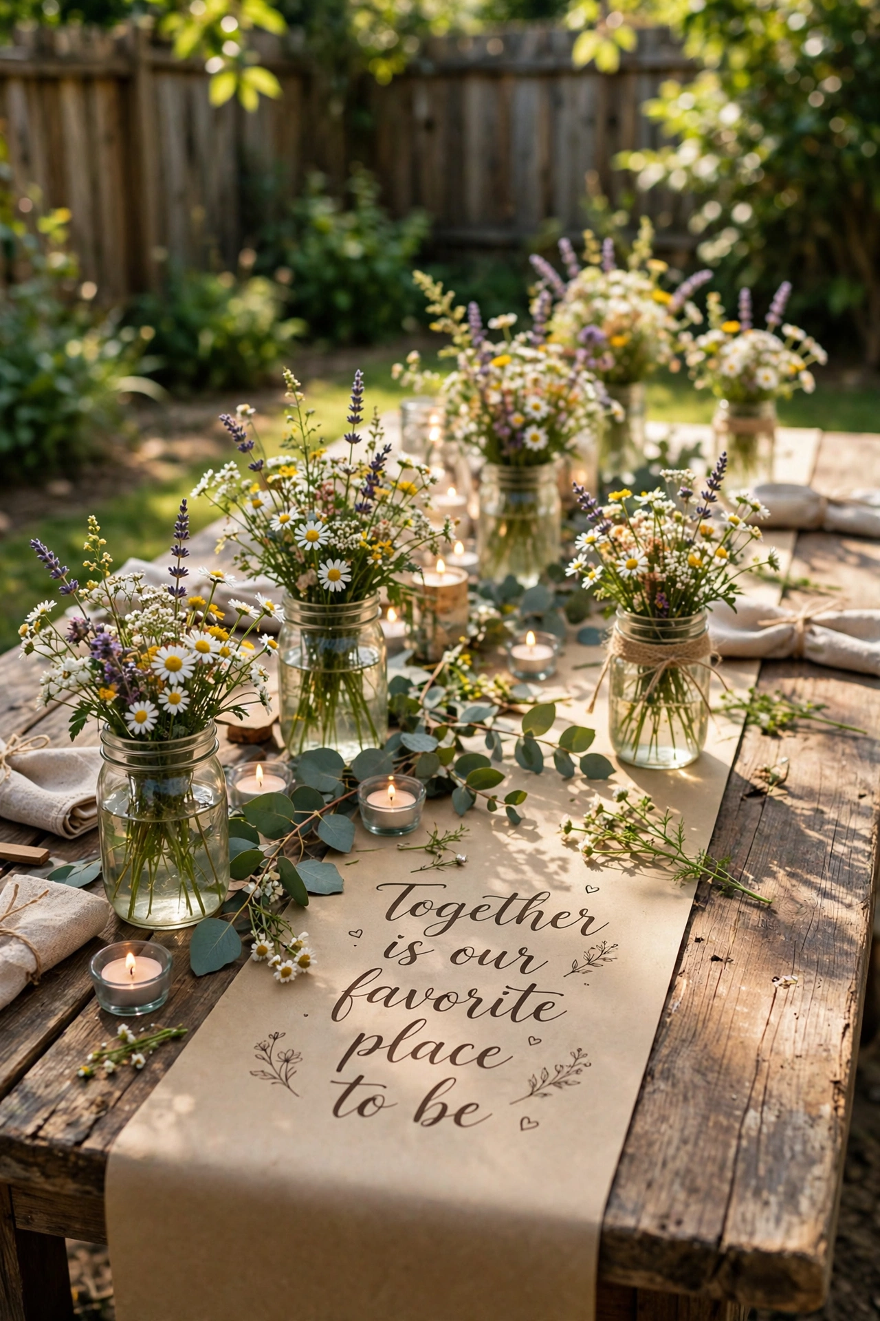 Sunlit backyard wedding table with budget-friendly DIY decor, mason jars, wildflowers and kraft paper details