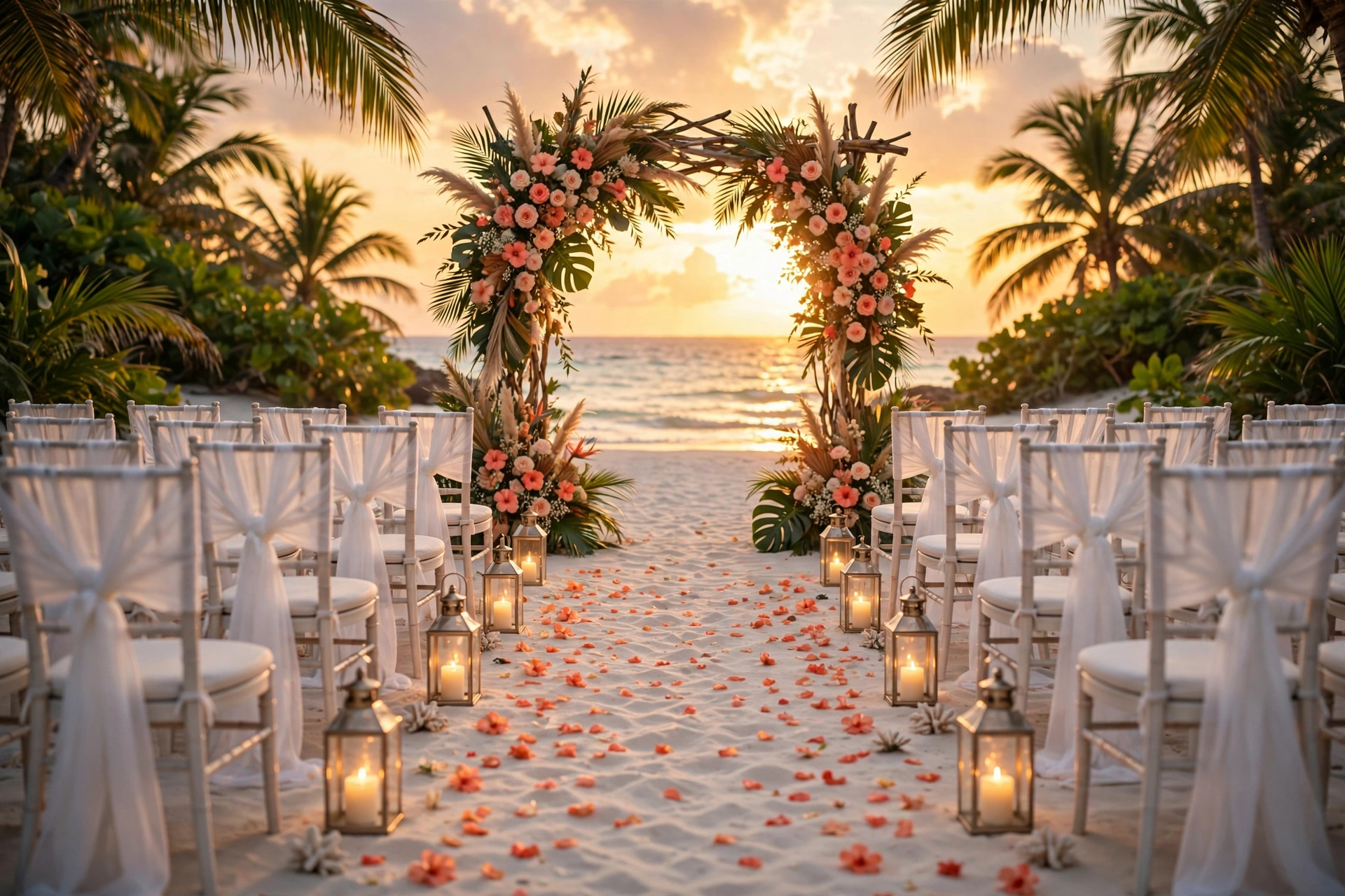 Beach wedding aisle lined with glowing lanterns and scattered petals leading to a floral arch at sunset