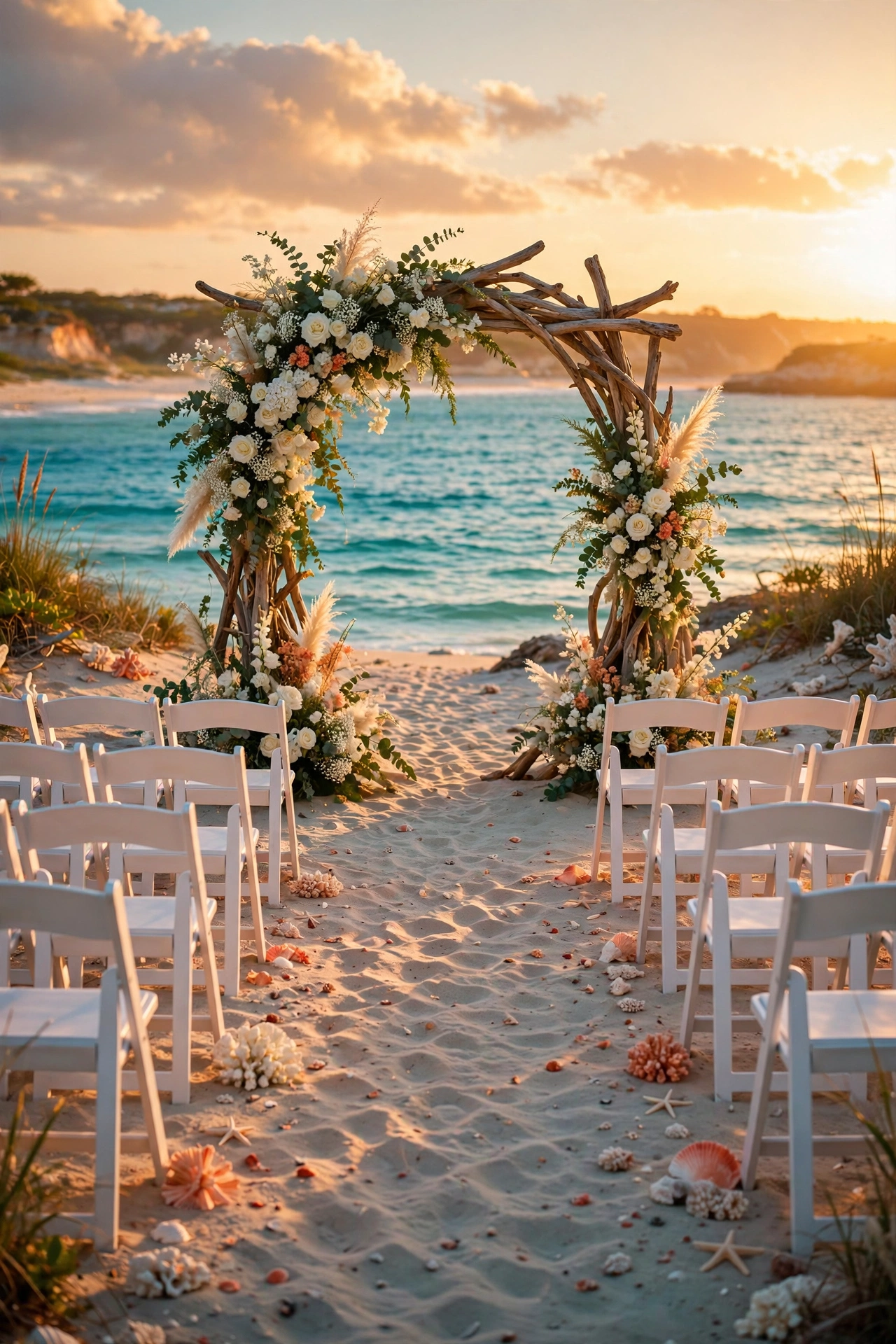 Beach wedding ceremony with driftwood arch, white chairs and turquoise ocean at golden hour