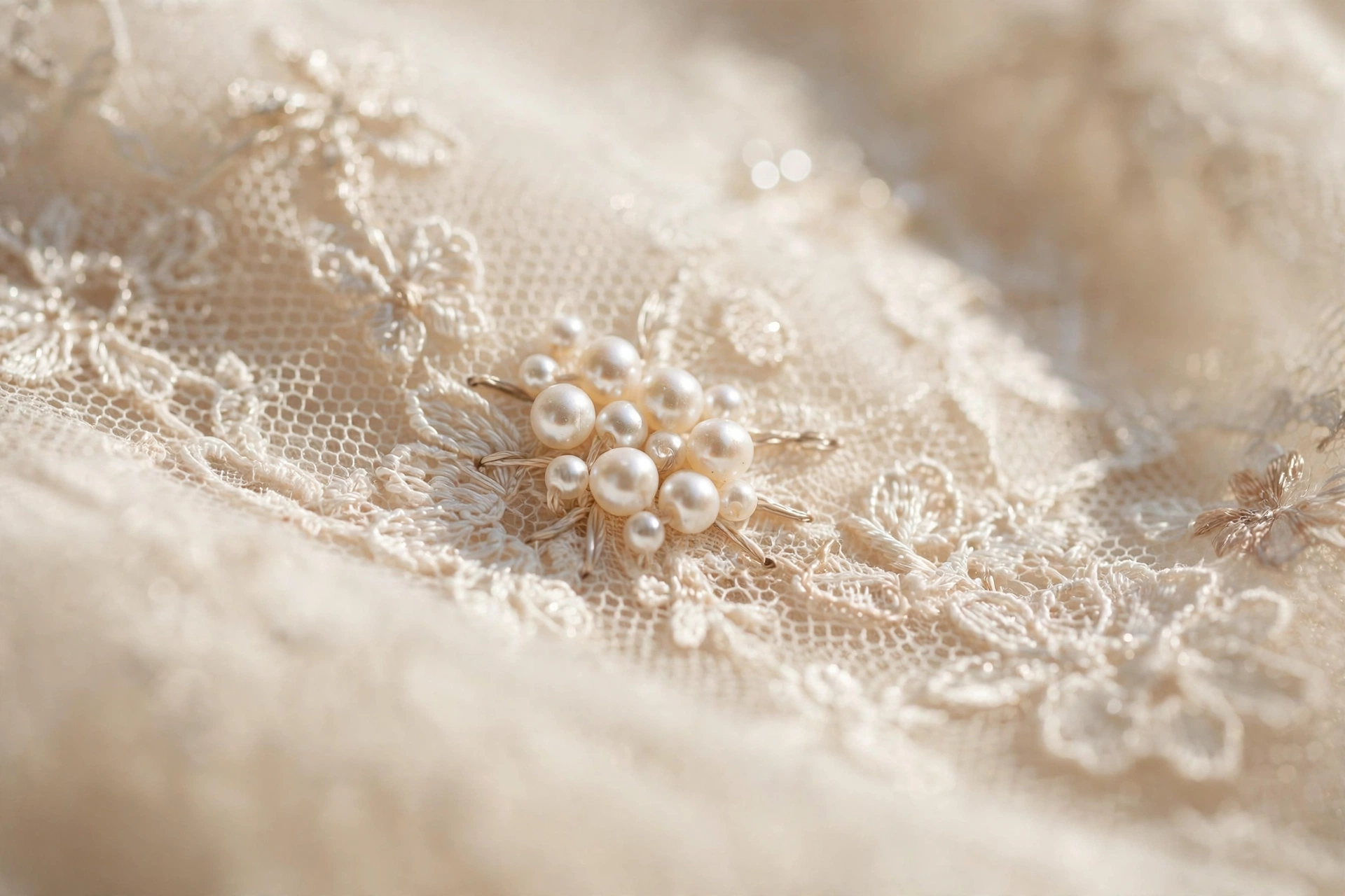 Pearl cluster beading hand-sewn on an ivory wedding dress bodice, soft daylight