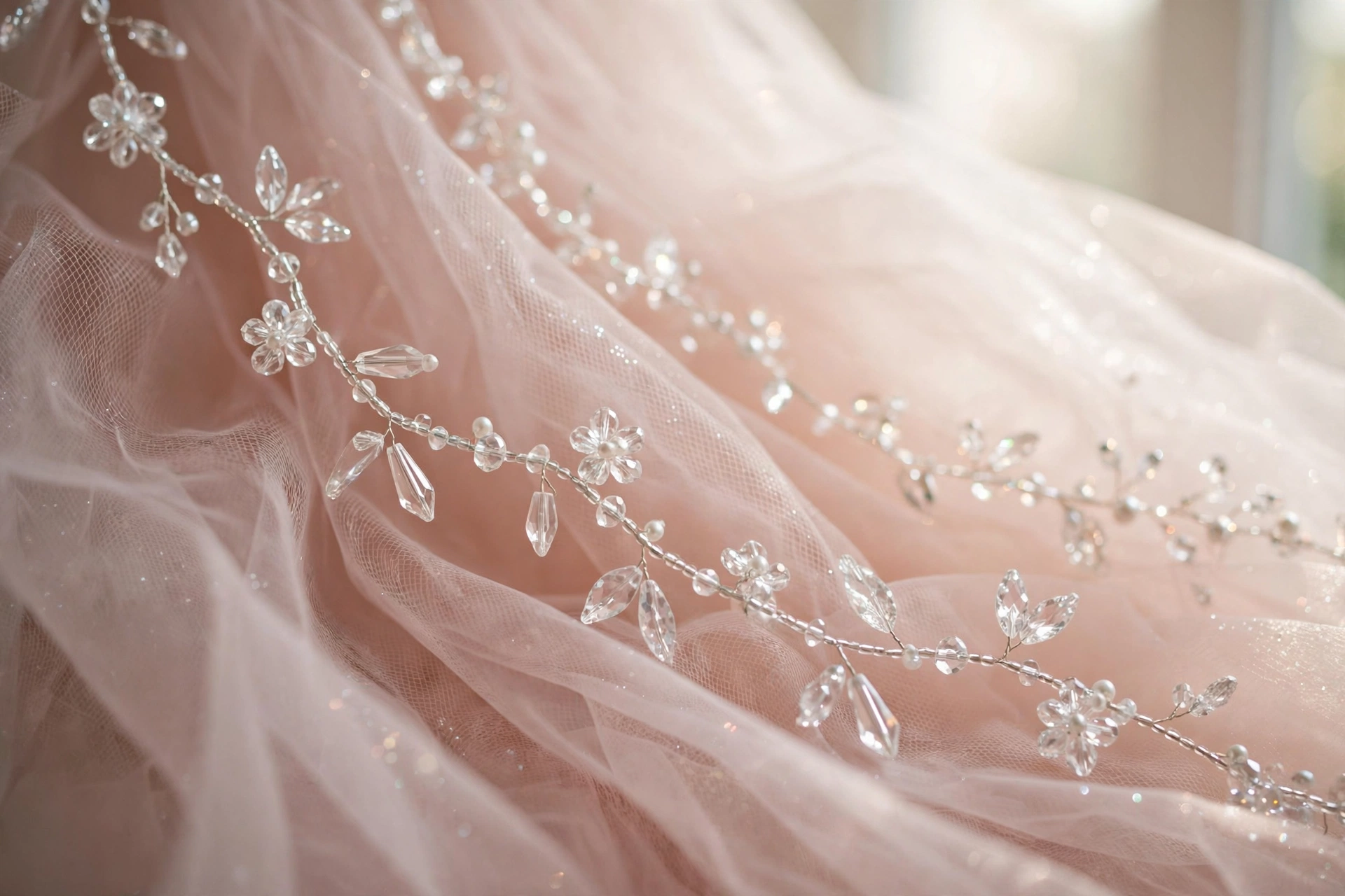 Crystal vine bead trails winding across blush tulle skirt fabric