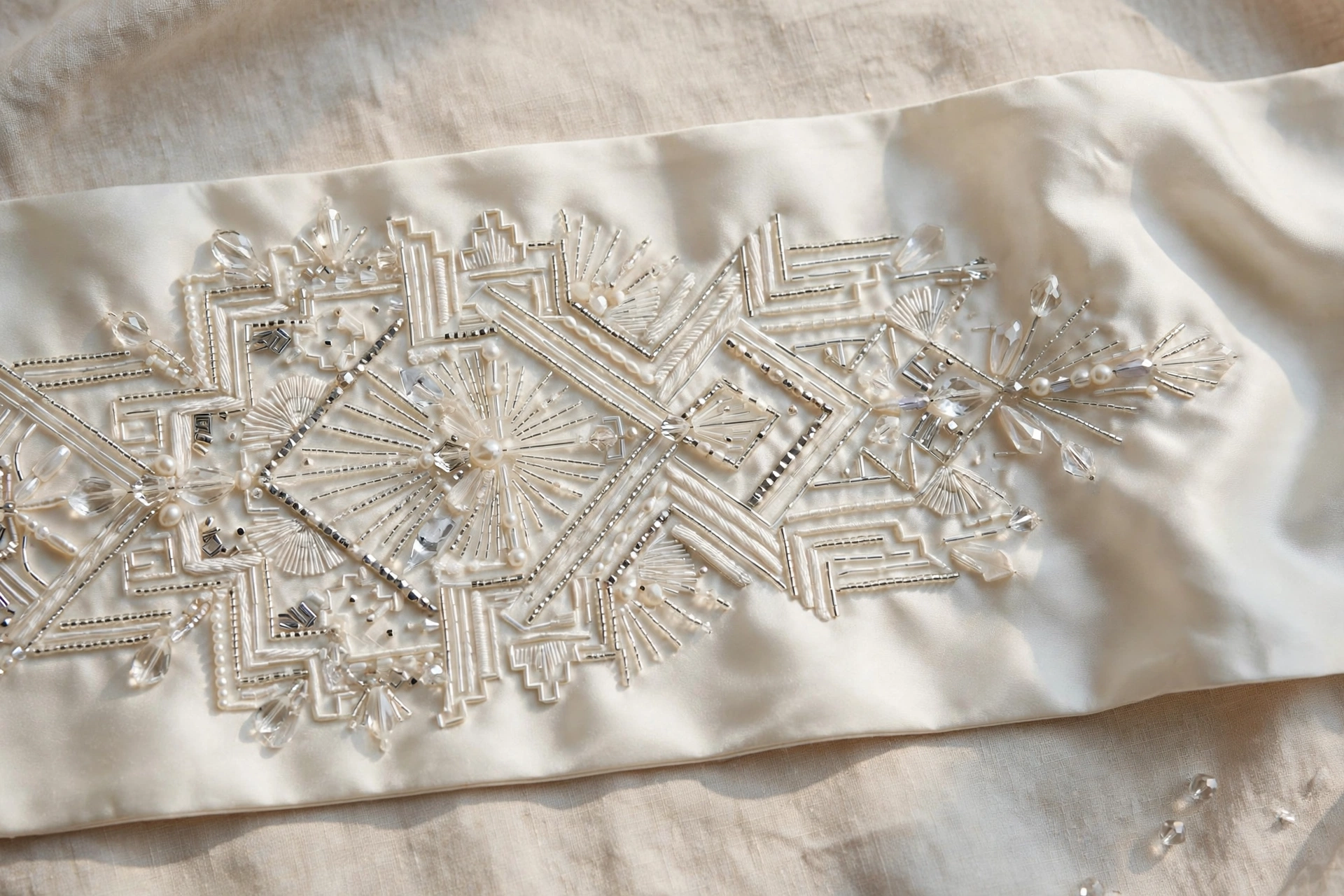 Beaded waist sash with geometric crystal pattern on a wedding gown