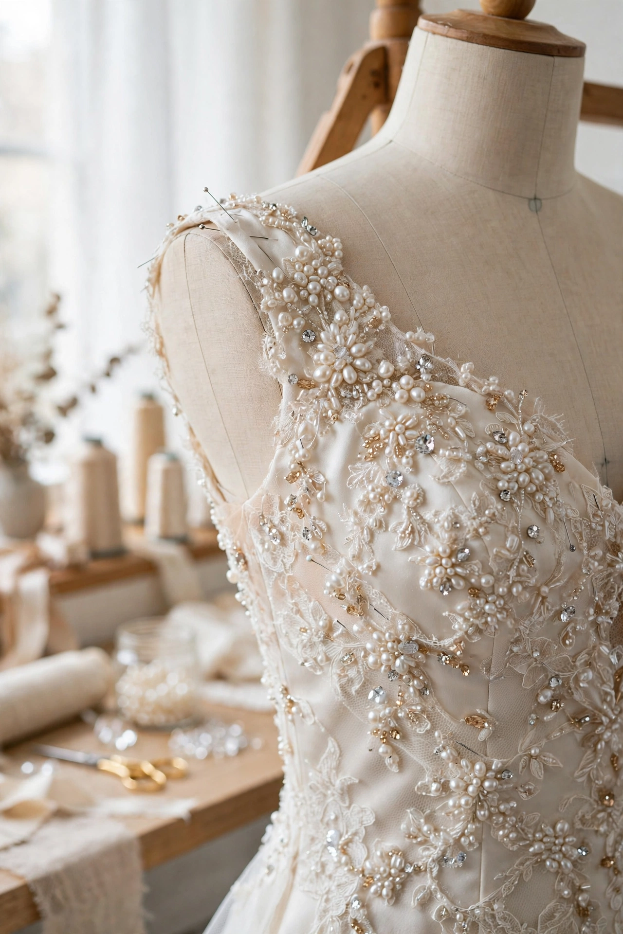 Close-up of a beaded wedding dress bodice with pearl clusters and crystal details on a dress form in a bright bridal atelier