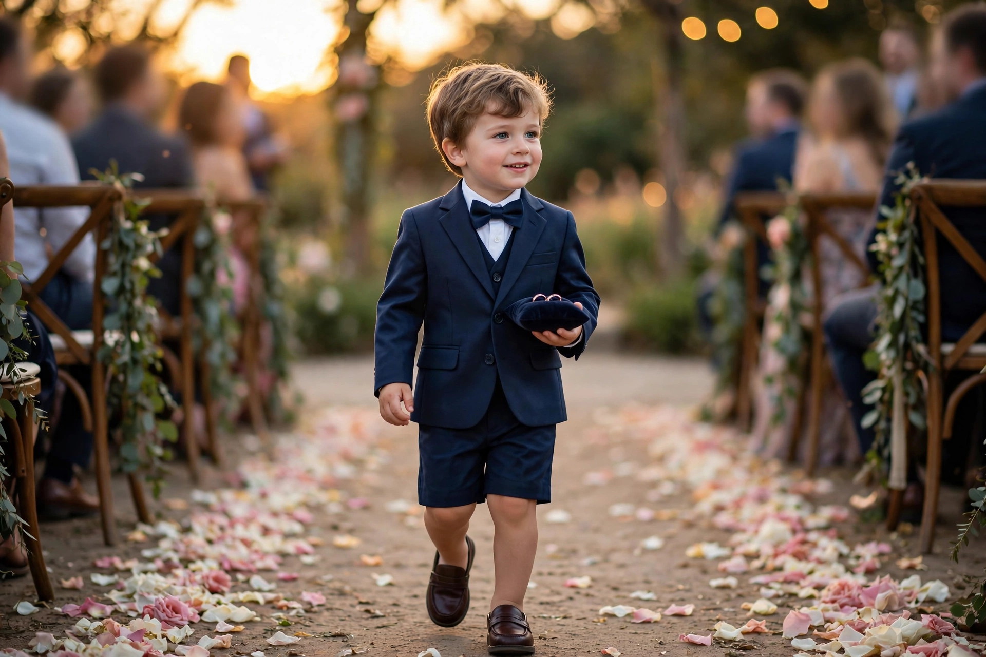 Adorable ring bearer in a mini suit walking down a golden-hour wedding aisle