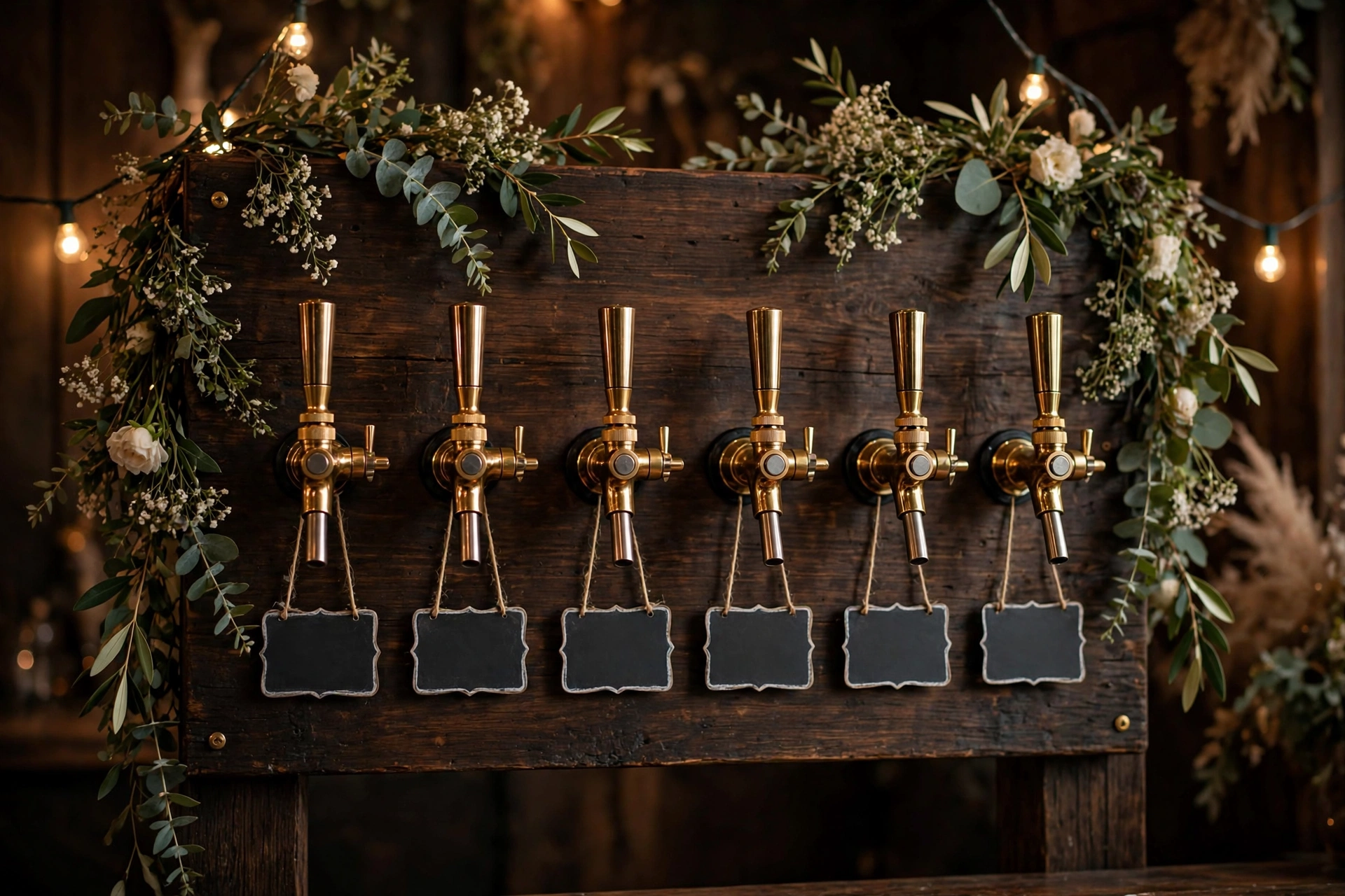 Wedding beer tap wall with brass taps on a dark wooden board