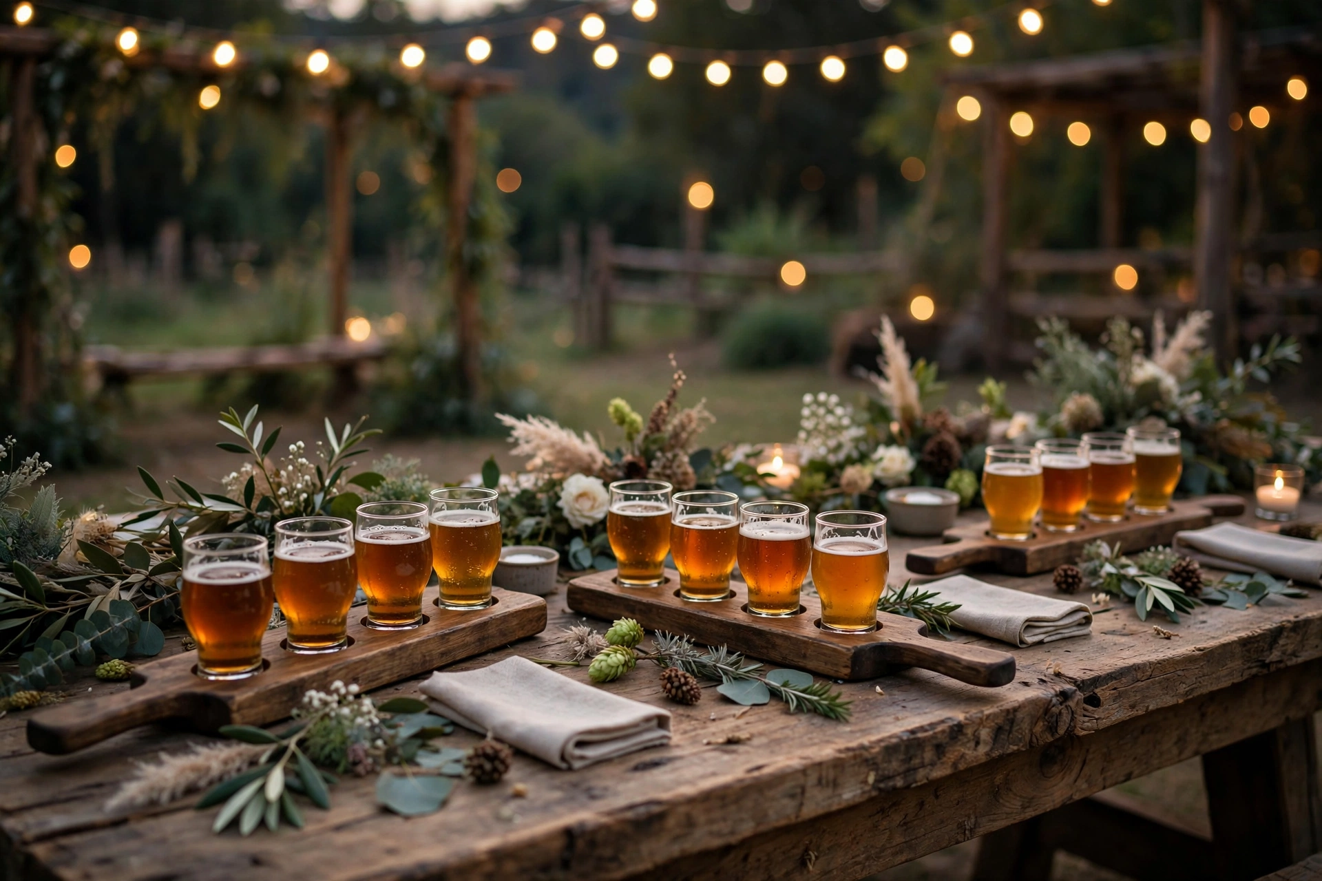 Beer flight paddles with taster glasses on a rustic wedding table