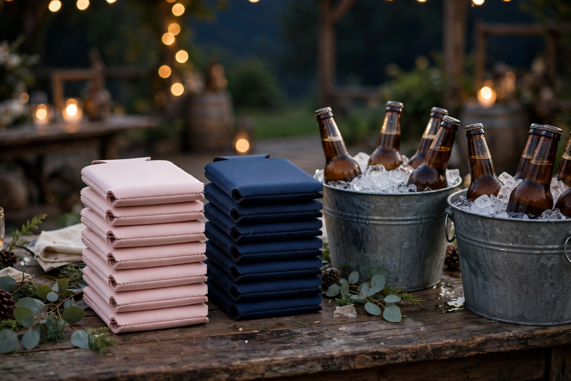 Personalized wedding koozies in blush and navy on a rustic bar table with beer bottles