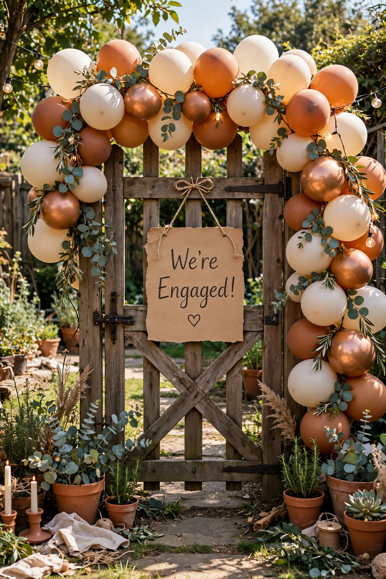DIY balloon garland entrance in cream and terracotta with a kraft paper We're Engaged sign on a garden gate