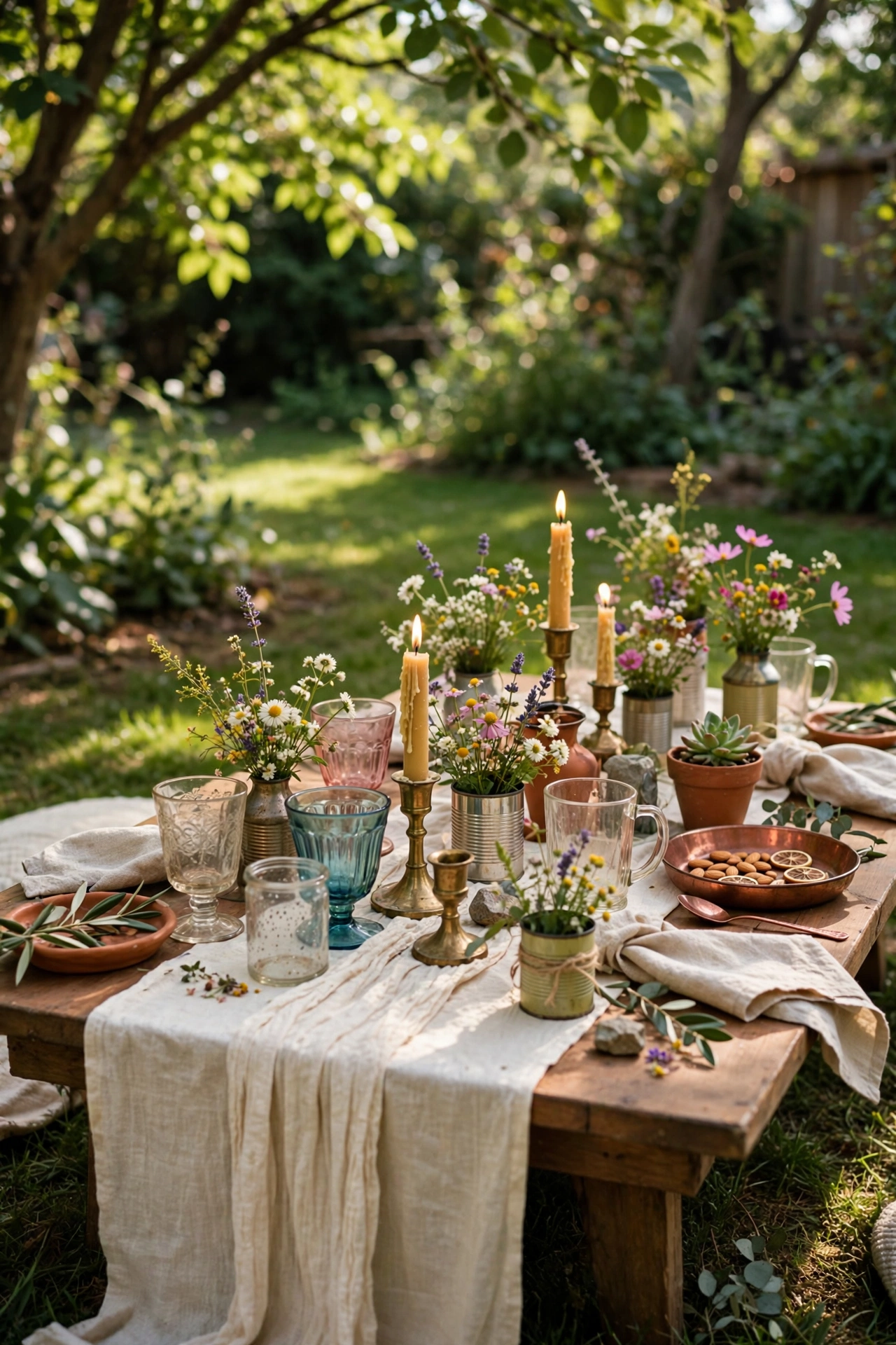 Low picnic table with thrifted mismatched glassware, wildflowers in tin cans and brass candles at a backyard engagement party